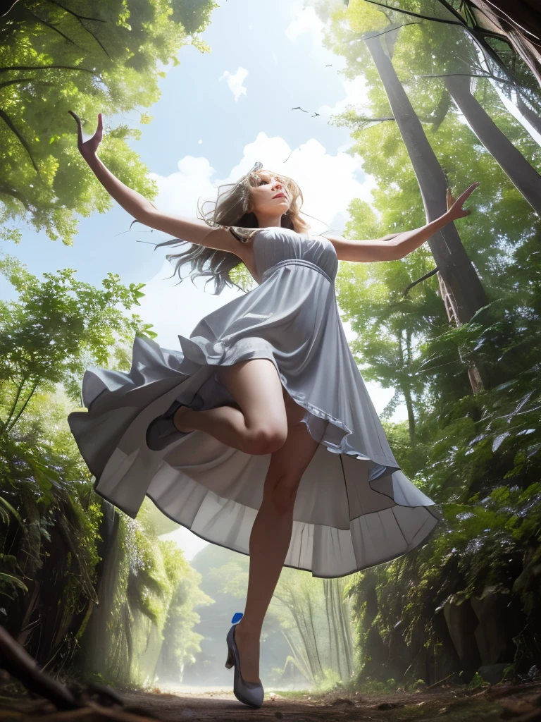 8K Raw Photo:1.5, From below, Professional Photography, Realistic, Woman in nature, (Jump), Uplifting, whole body, Silky Layered Dress, Gorgeous, 16K vivid photos, Super detailed, Ultra high definition,In detail, Dramatic Light, In detail beautiful eyes, Eye highlights, Detailed skin, light makeup, Depth of written boundary, Grey Eyes