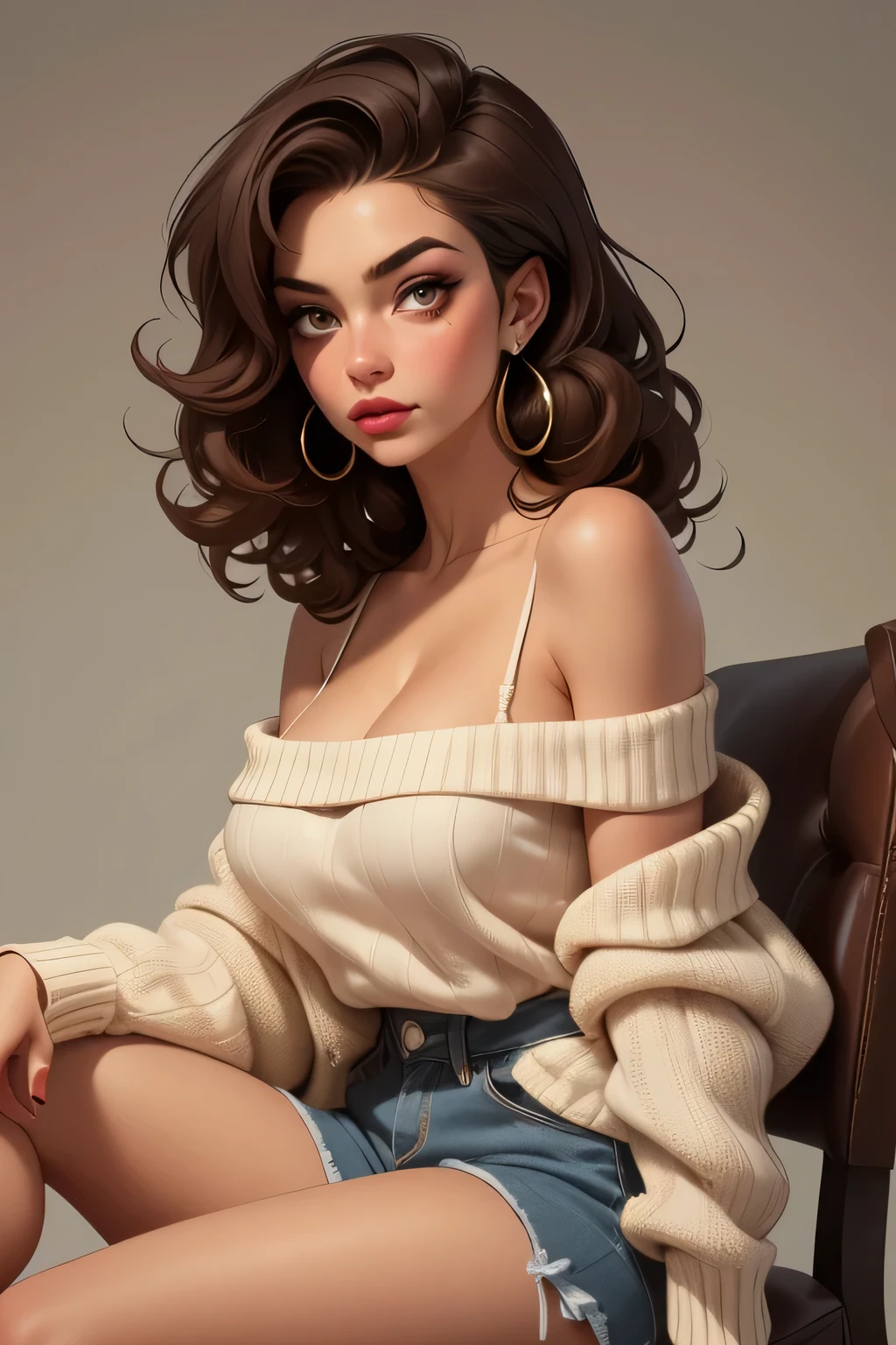 Amazing portrait of a sexy woman with a feral look in her eyes as she's sitting back in her chair with one leg crossed over the other wearing an oversized sweater that is showcasing her bare shoulders and her cleavage her brown hair is curly and messy and her makeup is elegant and sexy wearing elegant earrings and the overall atmosphere is intimate