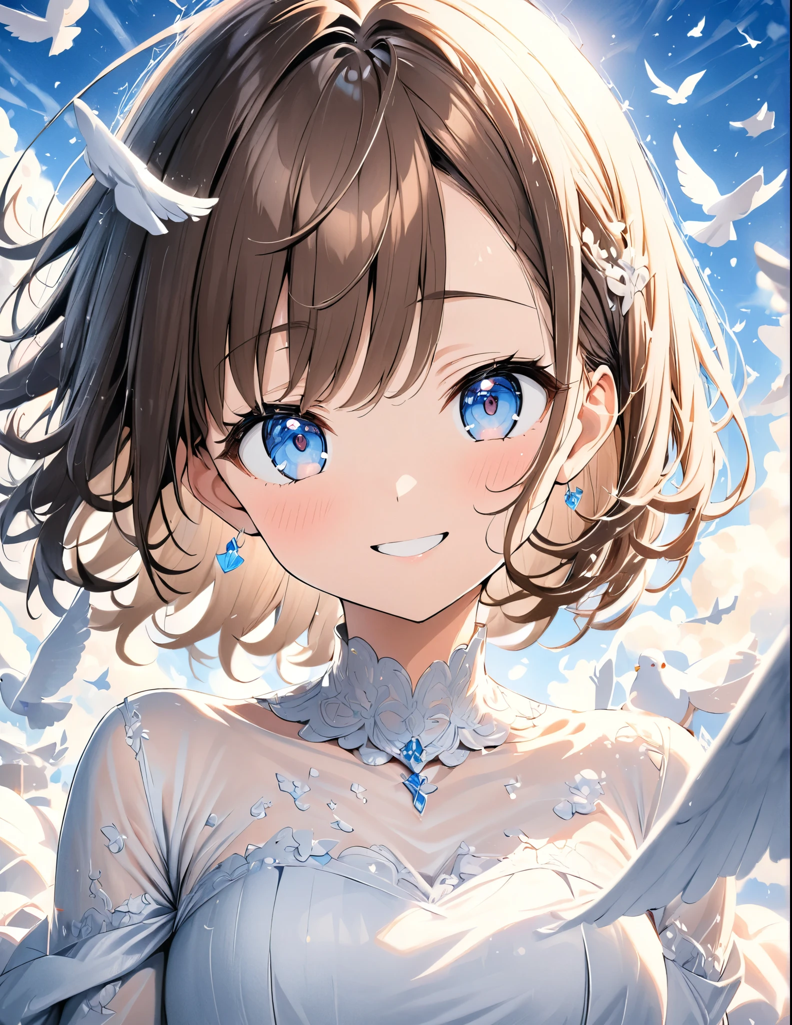 ((style:Colored pencil,pale colour))、(anime)、(masterpiece:1.2),atmospheric perspective,lens flare、White world。Light color、Wedding dress、Brown Hair、Droopy eyes、cute、Backlight、Smile、Under the clear blue sky、Countless white doves fly around、Reflection of light、Mysterious Works