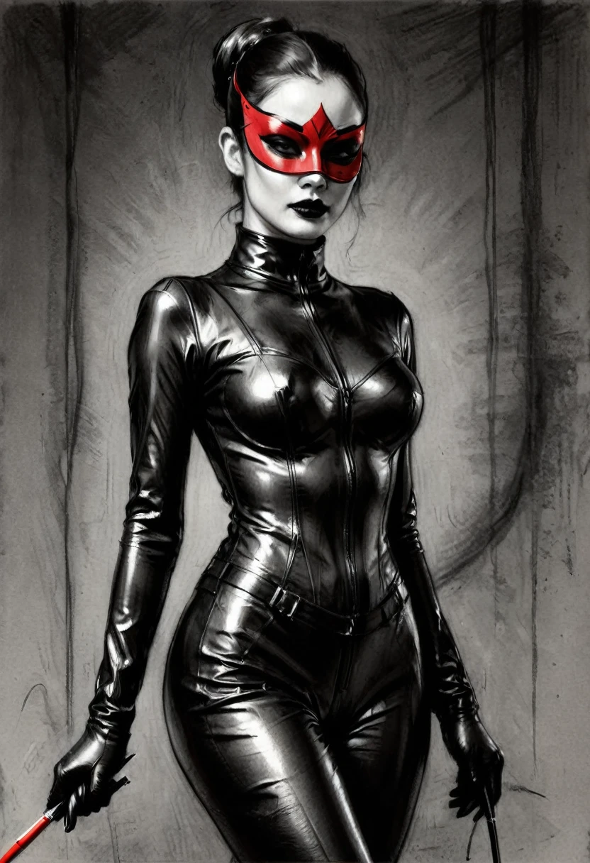 High Resolution, High Quality , Masterpiece. Sketch of a dominatrix adorned in a tight latex suit and mask, charcoal sketch with a red pen highlight, striking eyes illuminated, brandishing a long whip, anatomically precise portrayal, ambient chiaroscuro lighting creates a contrast of light and shadow, atmosphere conveys elegance and balance, textures convey pristine condition, confidence emanates from the posture, brilliance of the stance against an inspired backdrop