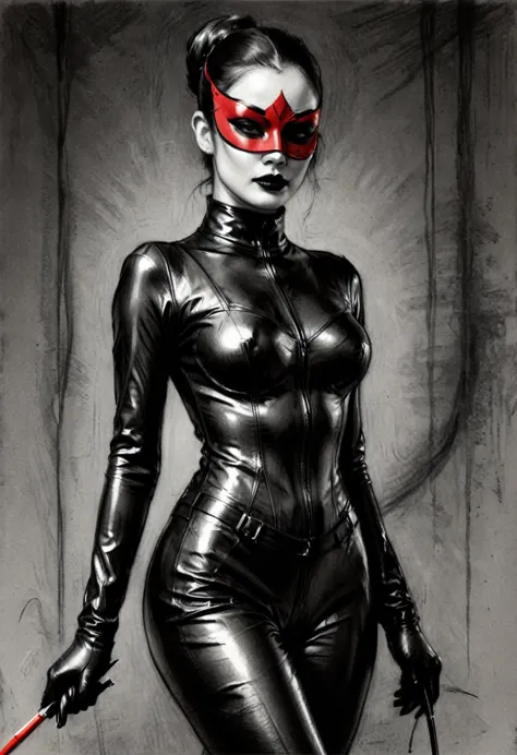 High Resolution, High Quality , Masterpiece. Sketch of a dominatrix adorned in a tight latex suit and mask, charcoal sketch with...
