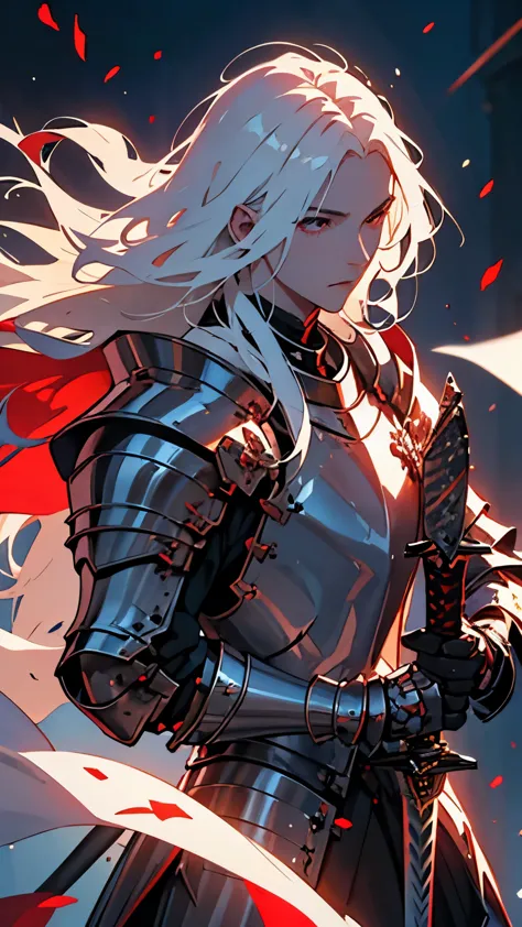 ((best quality)), ((masterpiece)), (detailed), perfect face, white skin, white hair, long hair, albino male, knight, black great...