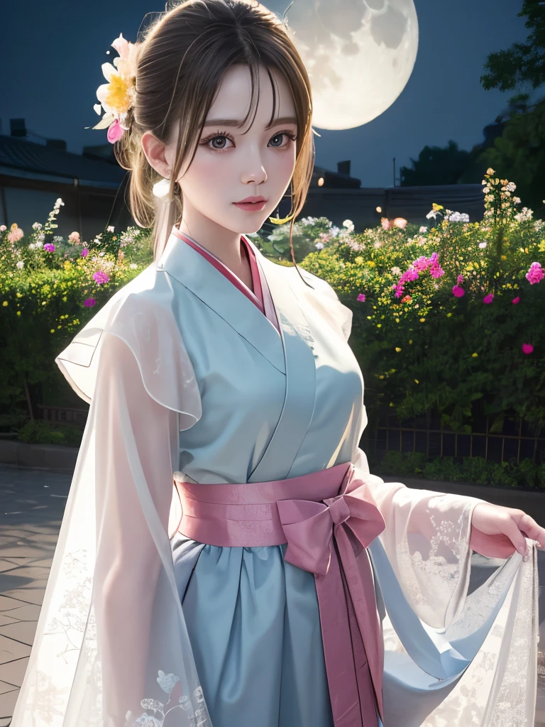 masterpiece, highest quality, expensive_solve, Highest Resolution:1.2, clear_image, Physically Based Octane Rendering, Detailed Background ,girl, hanbok,flower,garden,moon, night, Professional Photography.