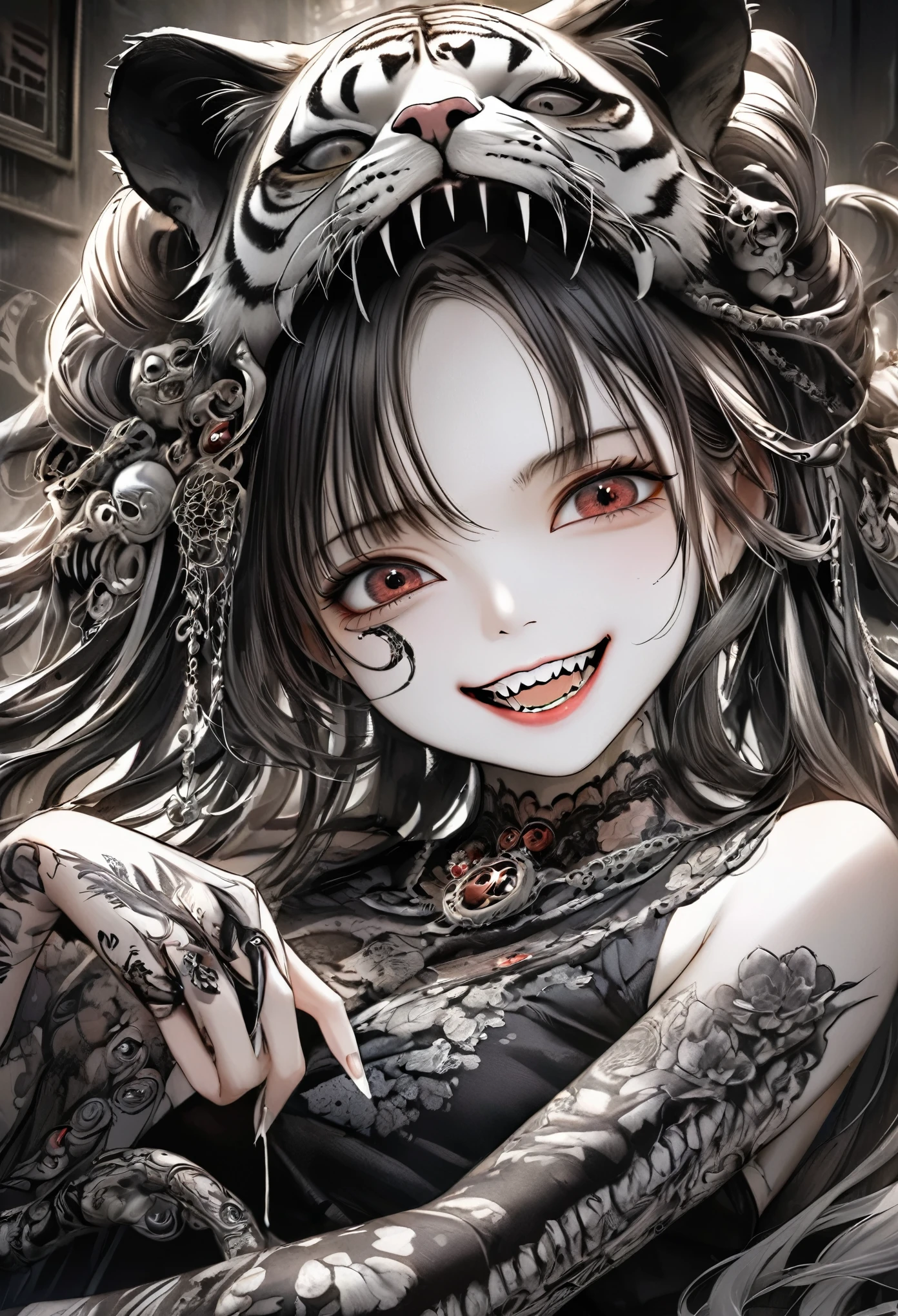 (masterpiece, best quality:1.2),Goddess of Death，Perfect fingers，Bad Daughter，Solitary,Exquisite eyes，Tiger Teeth,horrifying grin，Ink style