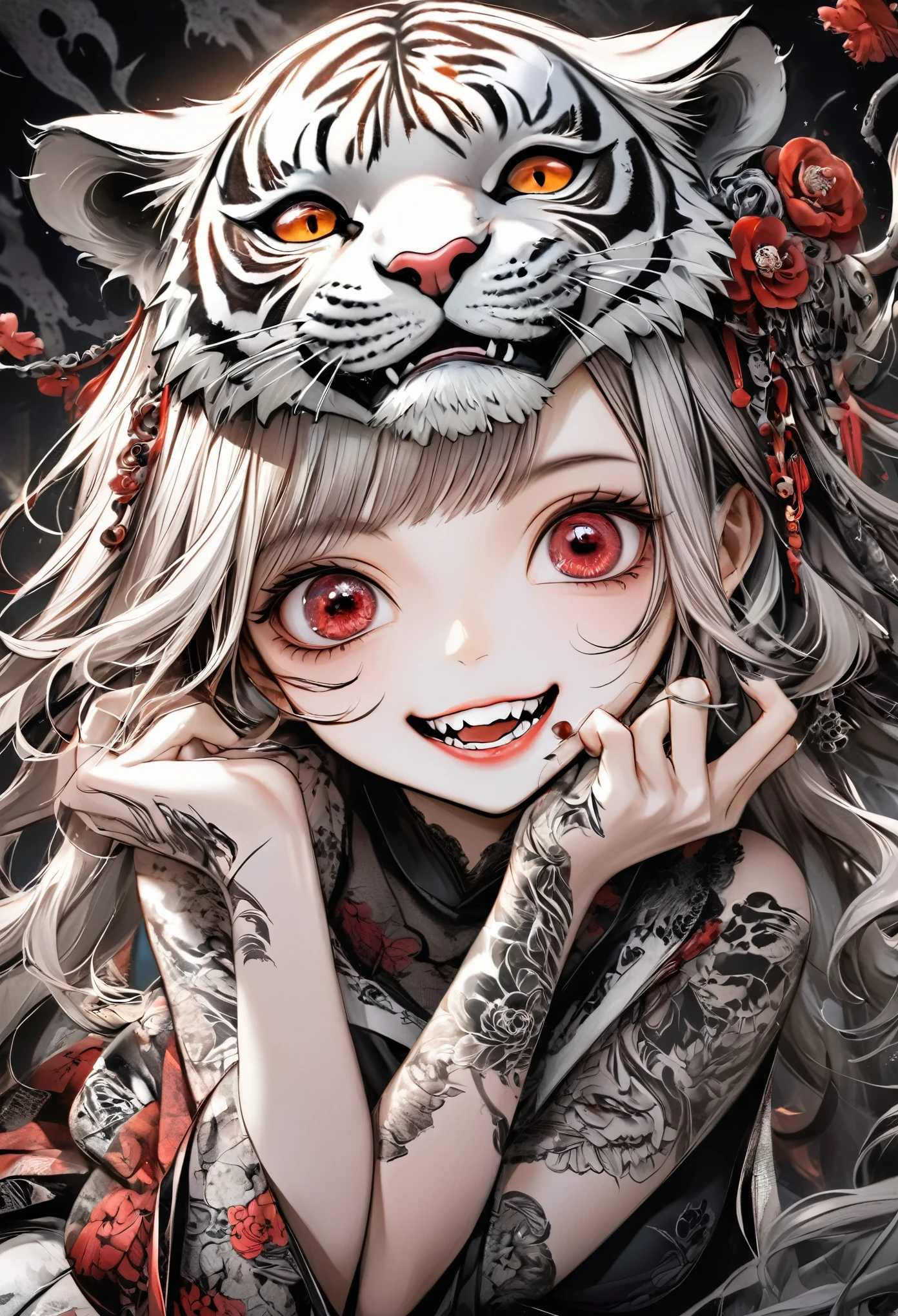 (masterpiece, best quality:1.2),Goddess of Death，Perfect fingers，Bad Daughter，Solitary,Exquisite eyes，Tiger Teeth,horrifying grin，Ink style