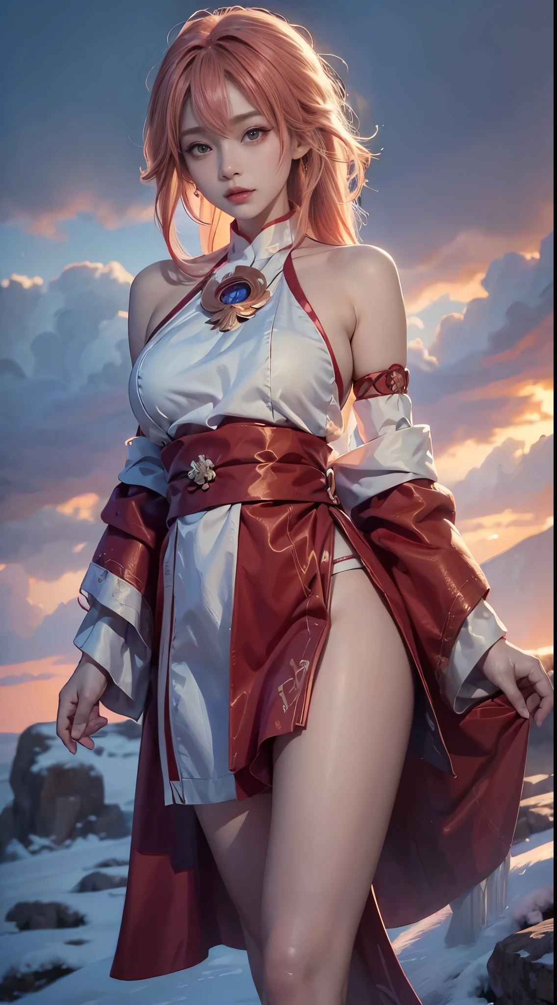 yae_miko, ((cowboy shot)), ((Bare shoulder)), ((Short hemlines, sexy long legs)), realistic detailed photo of a giant breasted girl with exposed shoulders, detailed fingers, high quality skin, red eyes, alone in a winter scene with clouds, wind, and flowing hair, (best quality,4k,8k,highres,masterpiece:1.2),ultra-detailed,(realistic,photorealistic,photo-realistic:1.37),studio lighting,vivid colors