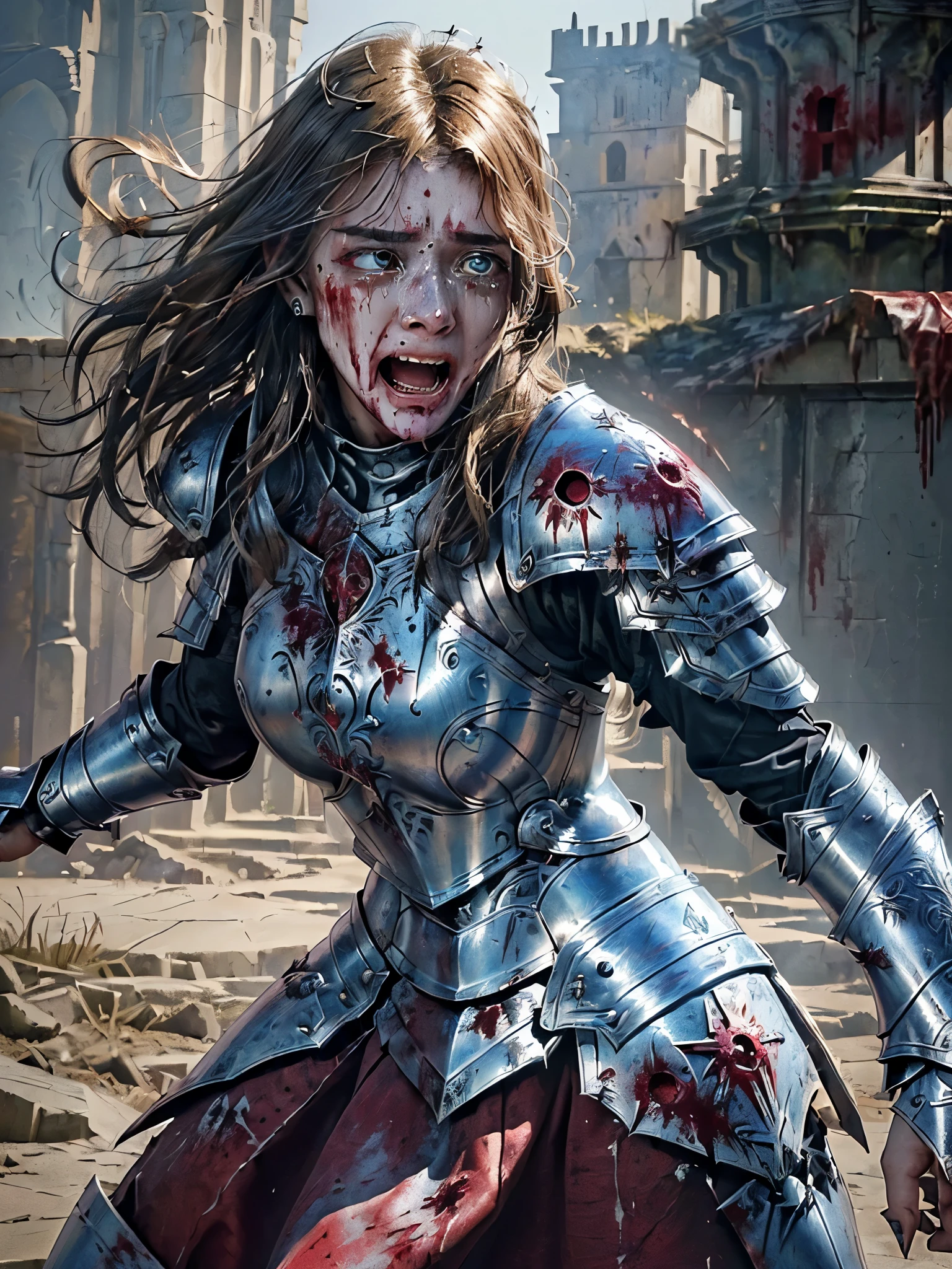 masterpiece, best quality photo,, (medieval fantasy:1.4), a beautiful 25 years old princess female knight is screaming in pain and crying, (detailed clothes; engraved metal armor with blood, blood splatted on armor:1.3), (detailed facial expression; extremely beautiful, grimace, screaming, wide open eyes in horror:1.3), rich matted hair:1.1, ((blood splatted armor:1.4)), (crying and terrified facial expression:1.5)