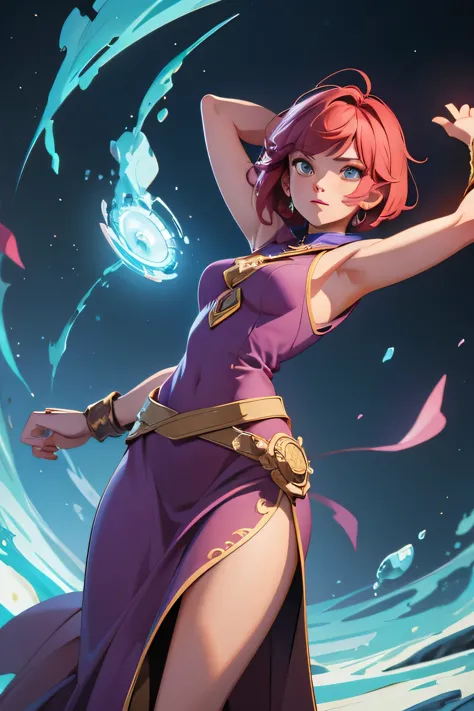Full view, female mage, short hair, tight sleeveless top, raise both arms