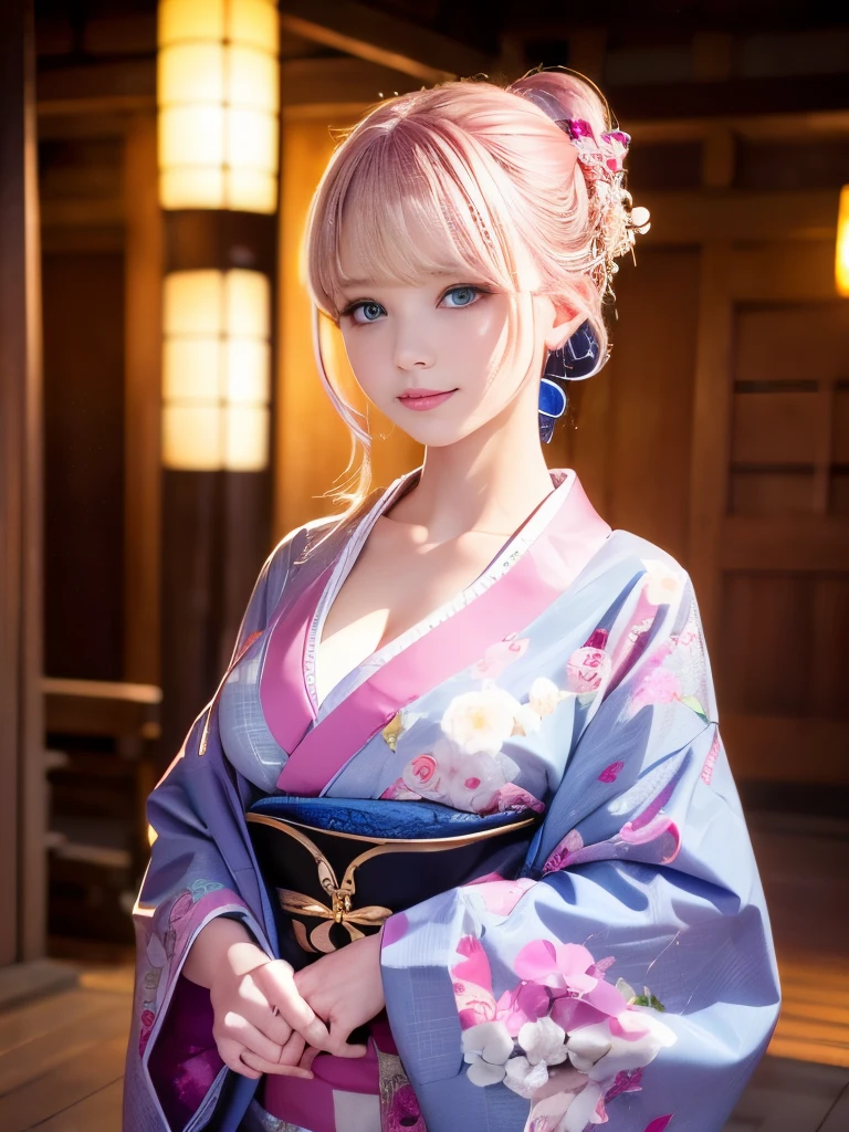 (finely detailed beautiful eyes and detailed face,masterpiece sidelighting,masterpiece,highest quality,detailed,High resolution illustrations),, (One girl,whole body,beautiful girl,Shiny skin,Looking down,View Viewer),, (Pink Hair,blue eyes,Hairpin,kimono, Japanese Kimono), (Wearing a kimono_Underbust:1.2),Underbust,