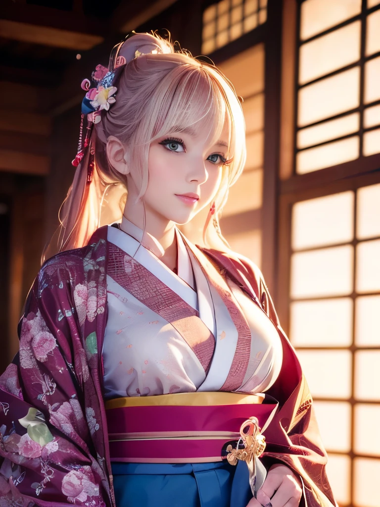 (finely detailed beautiful eyes and detailed face,masterpiece sidelighting,masterpiece,highest quality,detailed,High resolution illustrations),, (One girl,whole body,beautiful girl,Shiny skin,Looking down,View Viewer),, (Pink Hair,blue eyes,Hairpin,kimono, Japanese Kimono), (Wearing a kimono_Underbust:1.2),Underbust,