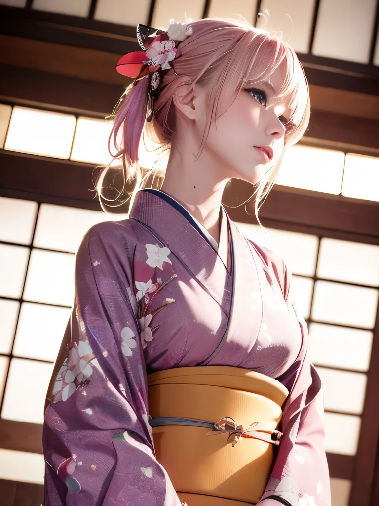 (超detailed,美しい目とdetailedな顔,masterpiece sidelighting,masterpiece,highest quality,detailed,High resolution illustrations),, (One girl,whole body,beautiful girl,Shiny skin,Looking down,View Viewer),, (Pink Hair,blue eyes,Hairpin,kimono, Japanese Kimono), (Wearing a kimono_Underbust:1.2),Underbust,