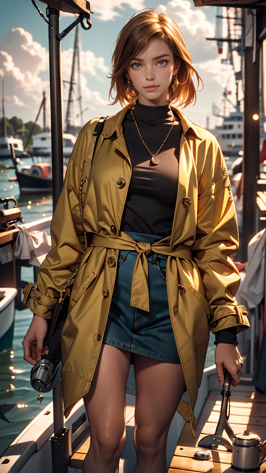 (masterpiece:1.2), highest quality, Beautiful female fisherman photo, Redhead, 40 years old, Wearing a yellow raincoat,  (On a fishing boat:1.3),  Dark Clouds, PhotoRealistic, HyperRealistic, Ultra-detailed, Analog Style, bent at the waist, Modest, Low Cut, Detailed skin, Matte skin, Soft lighting, Scattered beneath the surface, Realistic, Dark Shadows, masterpiece, highest quality, ultra Realistic, 8k, Golden Ratio, complicated, High detail, Film Photography, Soft Focus