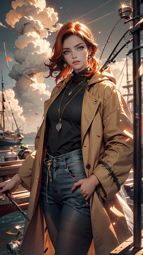 (masterpiece:1.2), highest quality, Beautiful female fisherman photo, Redhead, 40 years old, Wearing a yellow raincoat,  (On a f...