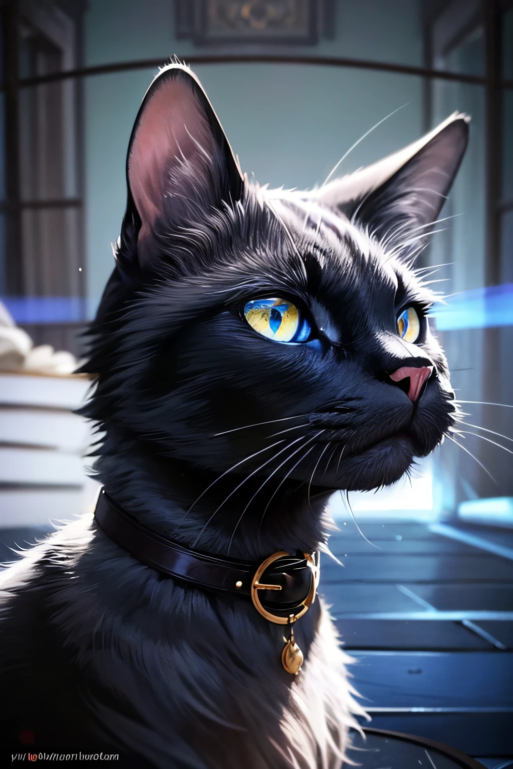 a black cat with blue eyes, moon collar, on light wood floor, white wall, detailed realistic portrait, hyper detailed, 8k, highly realistic, photorealistic, physically-based rendering, studio lighting, intricate details, elegant, mystical, ethereal, dramatic lighting, soft focused background, vibrant colors, mesmerizing