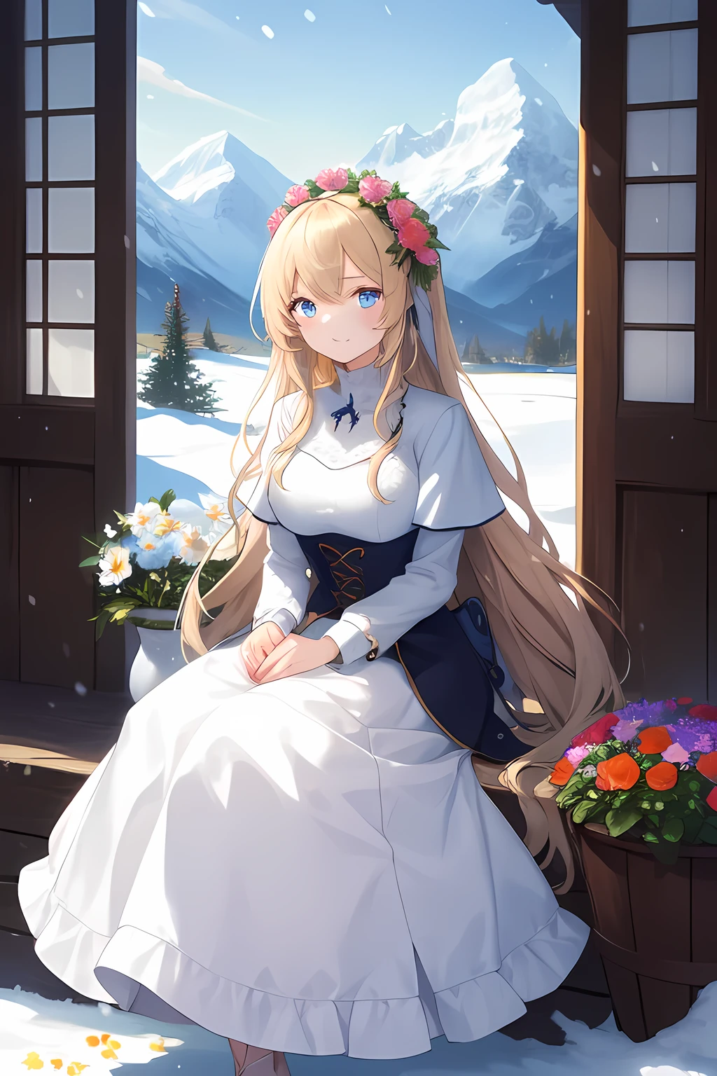 Masterpiece, best quality, A beautiful woman with light hair, flowers, snow-capped mountains, summer