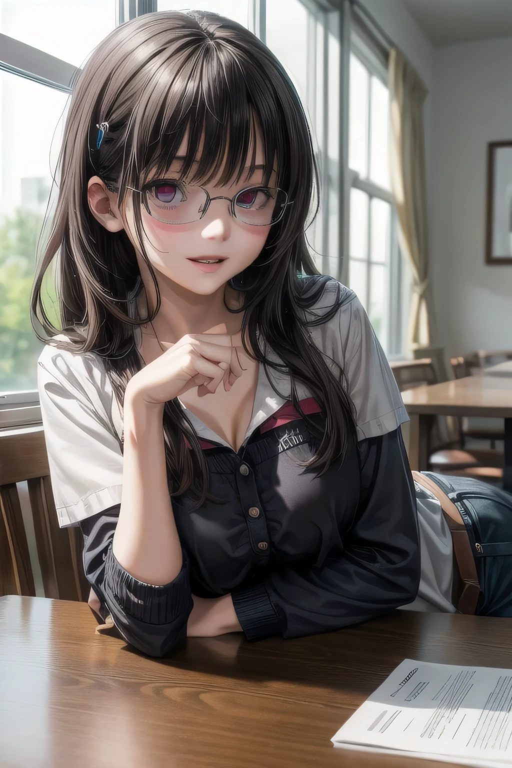 (Tabletop:1.0), (highest quality:1.4), (High resolution:1.2), From the side,Sharp contours,  boyish, highest quality, masterpiece,Glasses,Voice of the Heart,20-year-old woman,yandere,Big Breasts,Chest to chest,Lying face down,Upper Body,Ecstasy,saliva,blush,Squint your eyes,Heterochromia iridis,Tuck up your clothes,lure