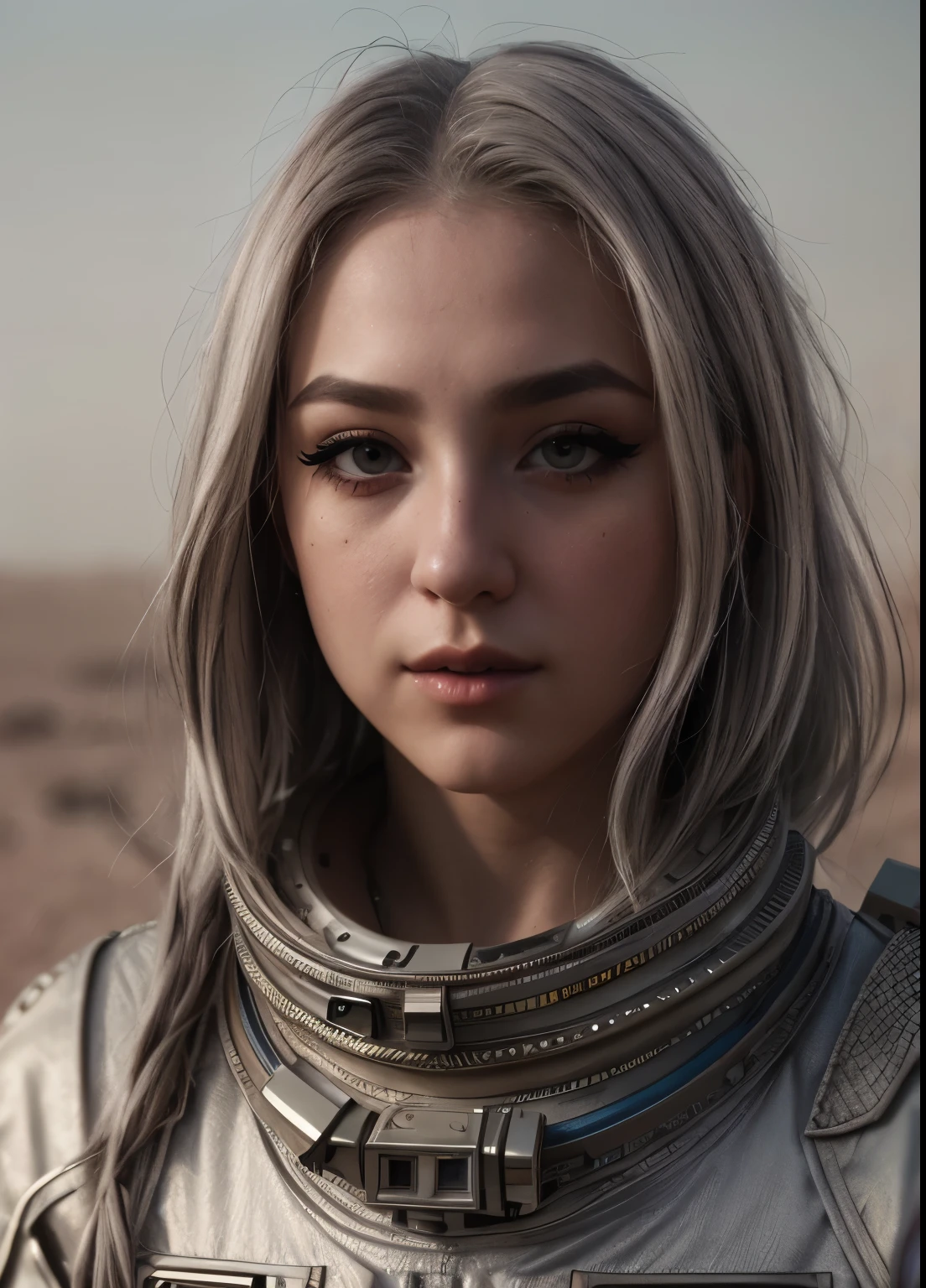 RAW Photo, professional color graded, BREAK portrait photograph of girl SkylarV0x, silver hair ((makeup, eyeliner)), wearing astronaut suit, ((on mars)), sharp focus, HDR, 8K resolution, intricate detail, sophisticated detail, depth of field, analogue RAW DSLR, photorealistic, looking at viewer, 