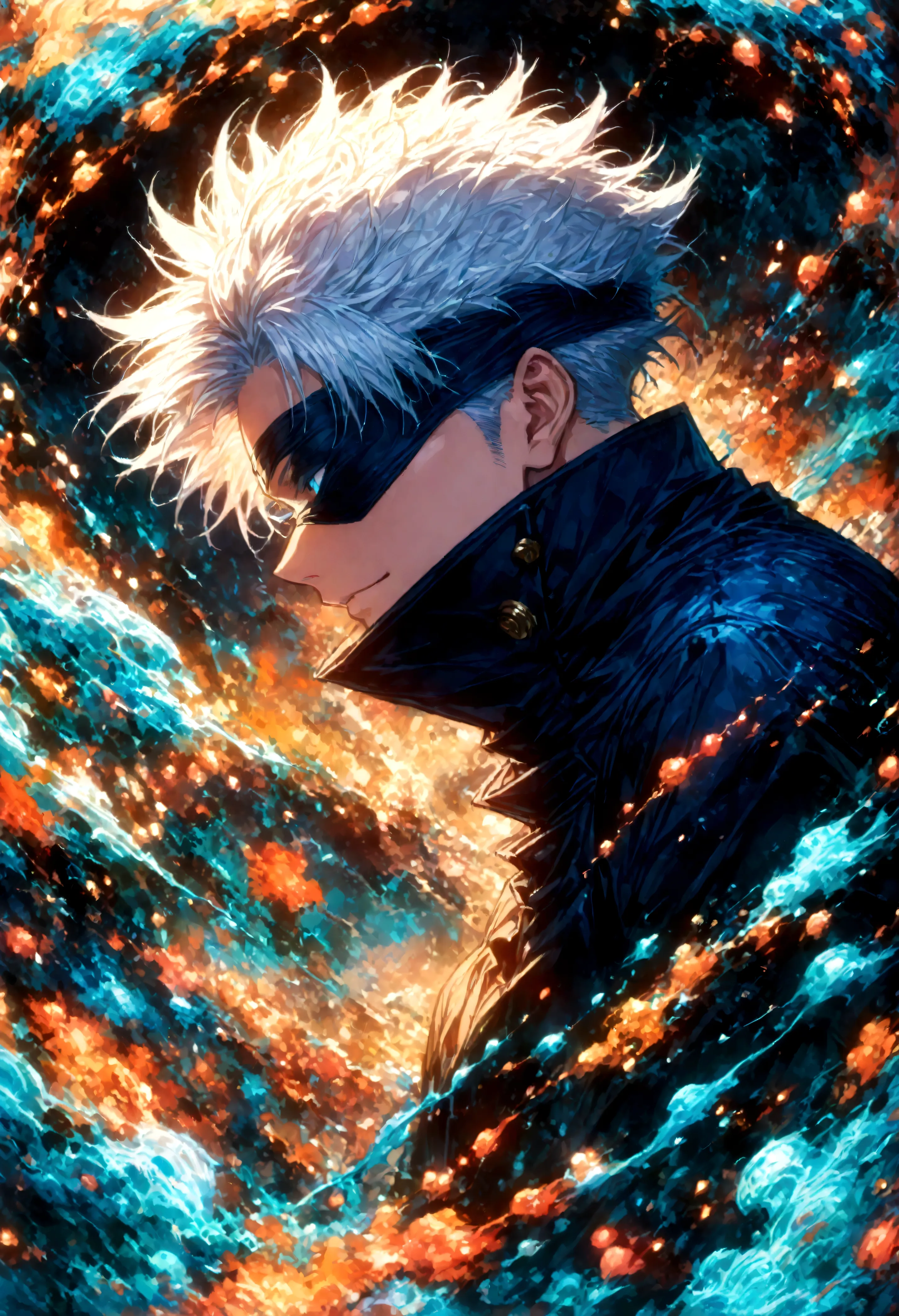 (1 male,satoru gojo,jujutsu kaisen,gray hair),(gojo satoru costume details:black clothes with a high collar,(black blindfold)), ...