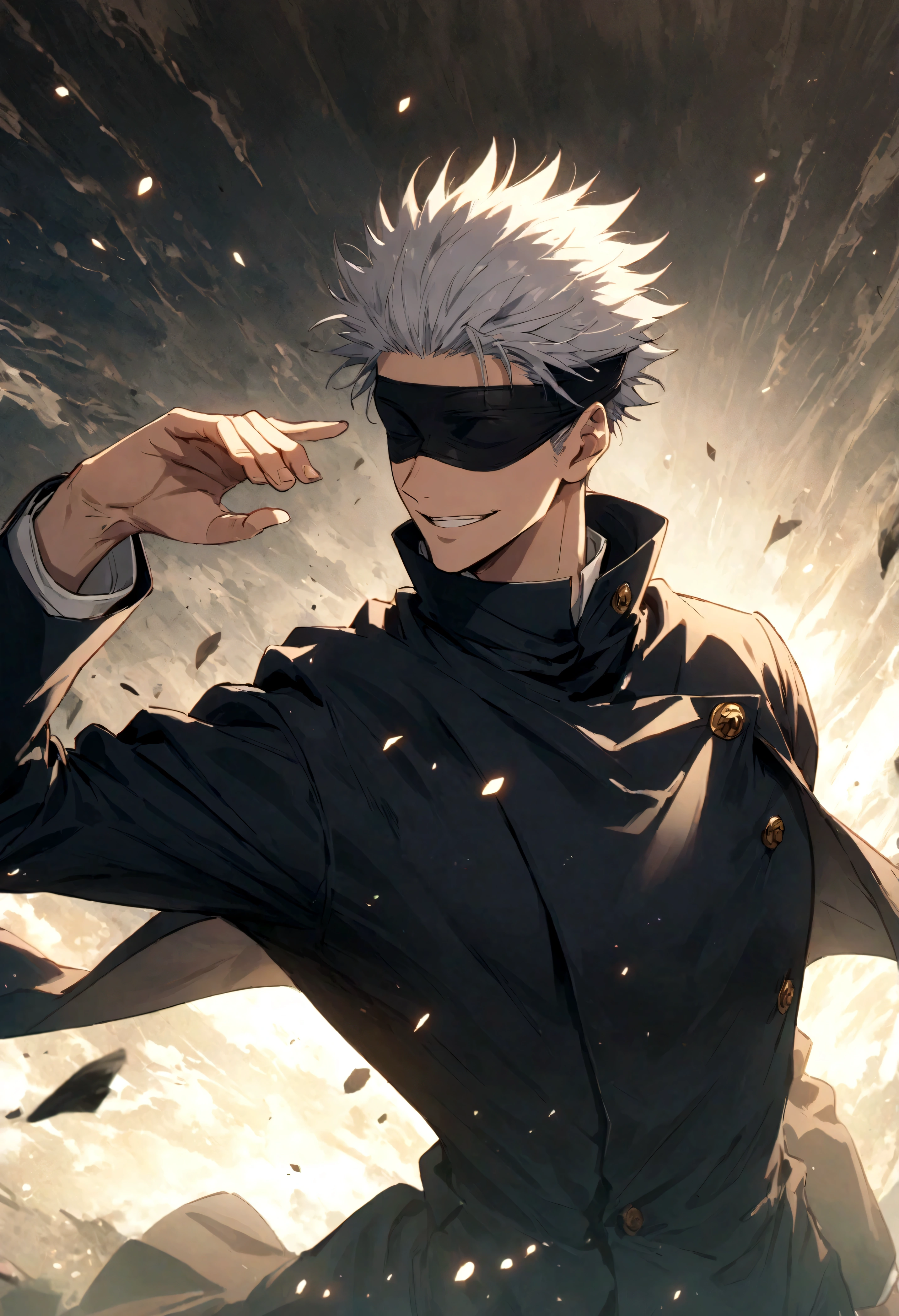 (1 male,satoru gojo,jujutsu kaisen,Gray Hair),(Gojo Satoru Costume Details:Black clothes with a high collar,(Black blindfold)), (Infinite Emptiness)Draw a scene from,Cynical smile,,Gojo is a tall adult male.,A highly likeable male character,Rising pale energy,Ishida Midori Style,I was impressed by Yoshihiro Togashi.,Black, white and blue as main colors,Intricate details,Wind,Impressive illustration work,Decadent,artwork,Perfect Anatomy,Anatomically correct,,Dynamically,nice,wonderful,Dark fantasy,Light and Darkness,Coming this way,(masterpiece:1.3),(highest quality:1.4),(ultra detailed:1.5),High resolution,extremely detailed,unity 8k wallpaper,Close-up shot