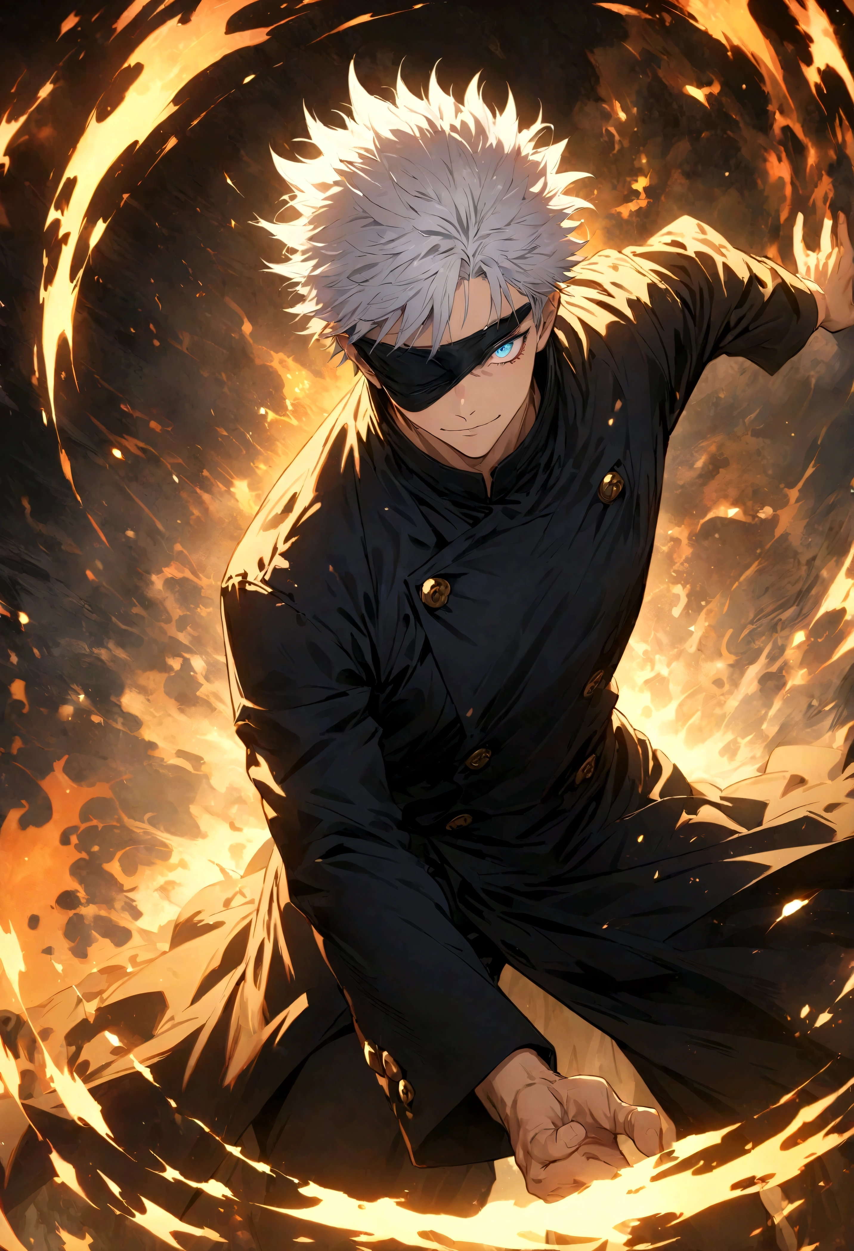 1 male,Satoru Gojo,Jujutsu Kaisen,,Create an image of Satoru Gojo from the manga 'Jujutsu Kaisen' by Gege Akutami. Gojo is a tall, slender man with white hair, usually wearing a black blindfold or sunglasses. He exudes confidence and charisma, often seen with a relaxed smile or a challenging expression. Capture him in a dynamic pose, possibly with one hand raised and a single finger pointed. The background should depict a modern urban landscape or a battle scene with swirling energy effects. Include special effects like a blue aura or energy waves to emphasize his power, and show his piercing blue eyes glowing if his blindfold is off. Make sure to highlight his stylish attire and the dramatic atmosphere.,Sui Ishida's painting style,Intricate details,Detailed depiction of hair,Use black and white as your main colors,Decadent,artwork,Perfect Anatomy,Anatomically correct,Beautiful light and shadow,Dynamically,cool,Awesome,Dark fantasy