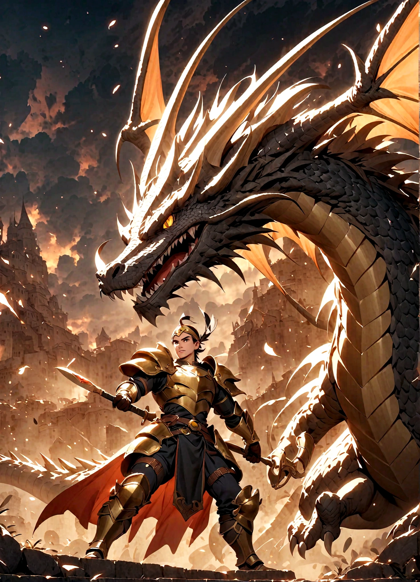 龍之探討: 戴的奇遇，勇敢的一天，金色头带，盔甲，带着剑，他身后站着一位龙骑士
