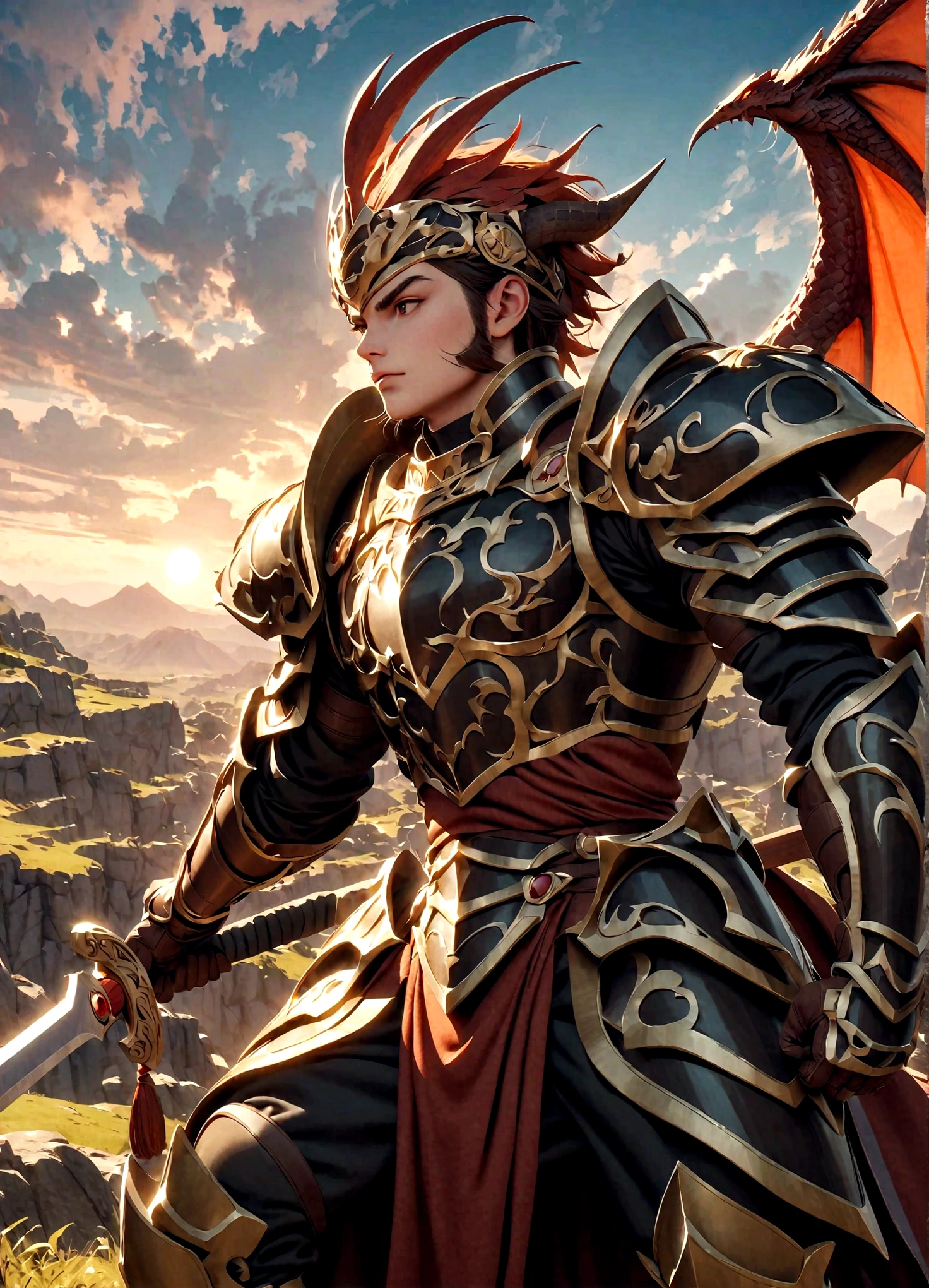 quête de dragon: L&#39;aventure de Dai，Le jour courageux，bandeau doré，armure，portant une épée，Derrière lui se tenait un cavalier de dragon