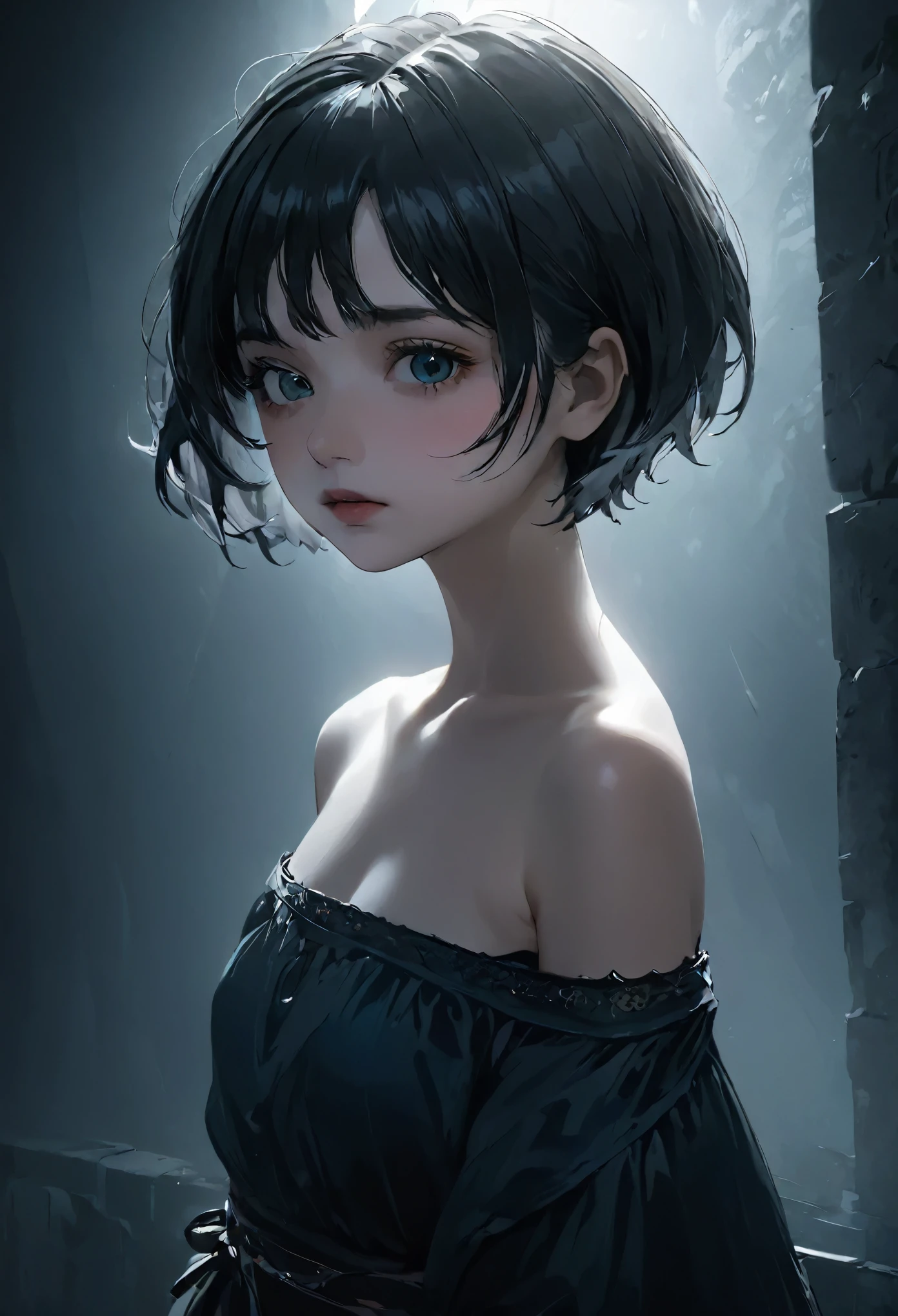 (highest quality, Tabletop:1.2, 超A high resolution, Realistic:1.5), RAW Photos, One Girl, Off the shoulder, In the Dark, Deep Shadow, Low lighting, Cool tones, Captivating Gaze, short hair, Foggy atmosphere, Mysterious atmosphere, Subtle highlights, Dramatic contrast, Graceful pose, Intense emotions, Heavenly Beauty, enchanting darkness, Captivating Expressions