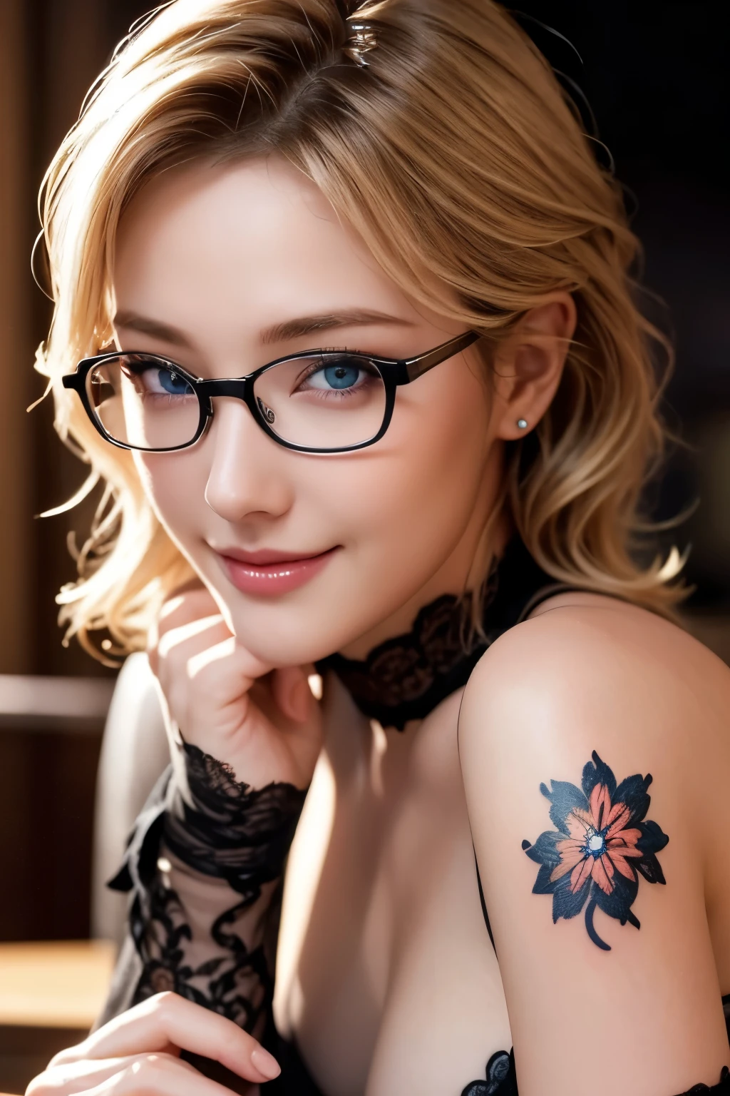 fullbody、Glasses、Noble black lace dress、Cafe、short hair、(((masterpiece)))、((highest quality))、((超Realistic))、Perfect hands、Finger details、beautiful and detailed eyes、Muscular body、Perfect captivating eyes、Front Viewer、Kayden Kross .sexy suit、Best image quality、Fine-grained image quality、beautiful、 woman,woman Italian, Italian, smile、blue eyes、jewelry, blue eyes, Realistic, High resolution, Soft Light,Hip Up, Glowing Skin, (Detailed face),tattoo, jewelry, , night, blonde, Wavy Hair, beautiful soldier, attractive appearance, smile, Perfect Style, Perfect balance, Fine skin, 