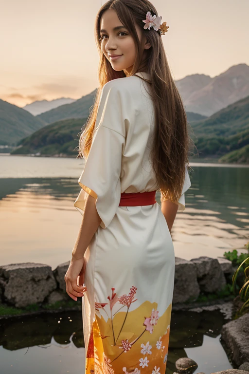 asuna, work of art, best qualityer, detailded, (1 girl), standing alone, detailded golden eyes, long hair, standing, close to viewer, (detailded kimono), drlight smile, medium breasts,  (arms behind the back), Water, sunset, (hair ornament), (Sakura flower),  snow mountain lake in the background