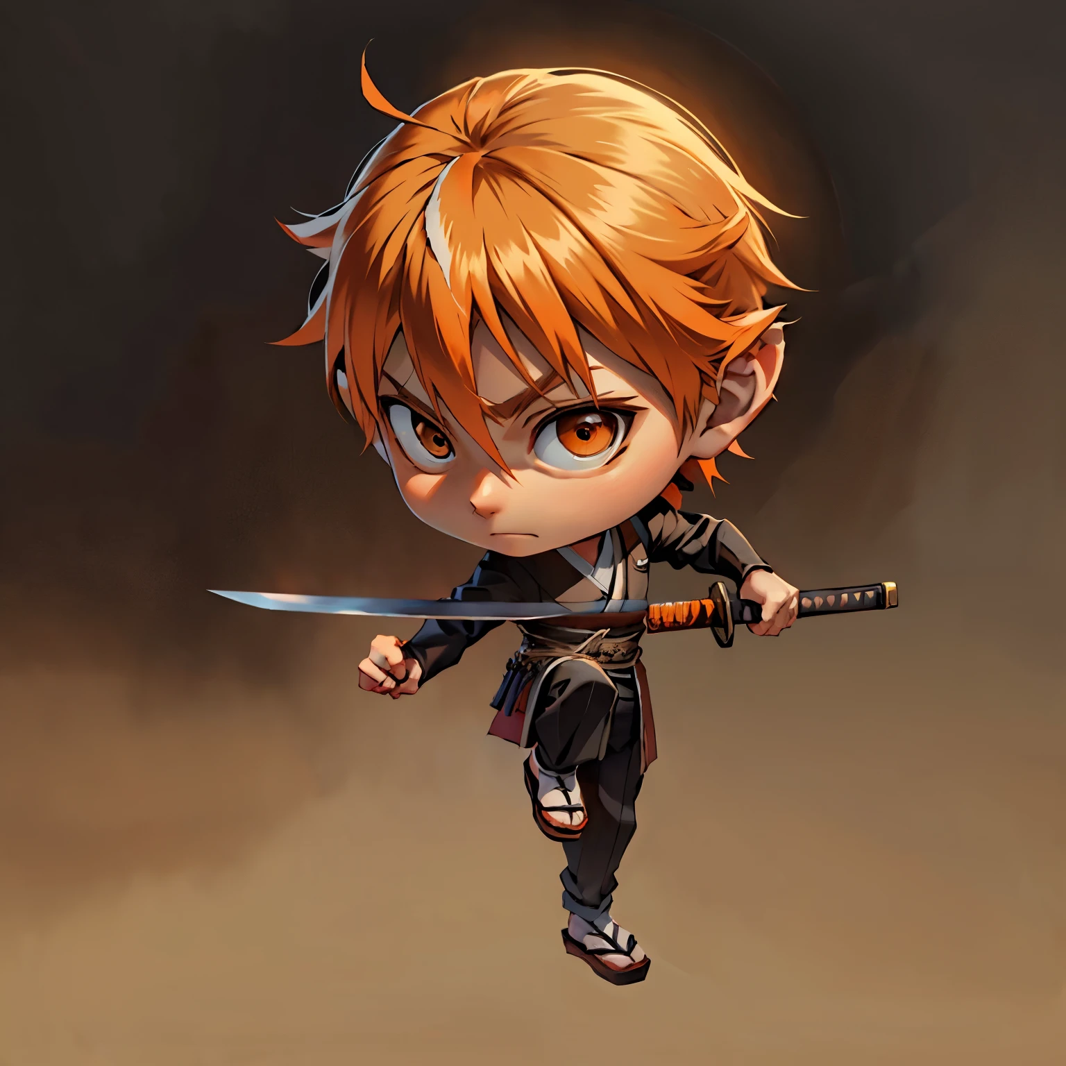 Boys, Full body, Serious face, brown eyes, ((orange hair)), medium length hair, wearing black samurai kimono, black shoe, holding samurai swords, levitate on sky, blue sky, cloud, various sides view