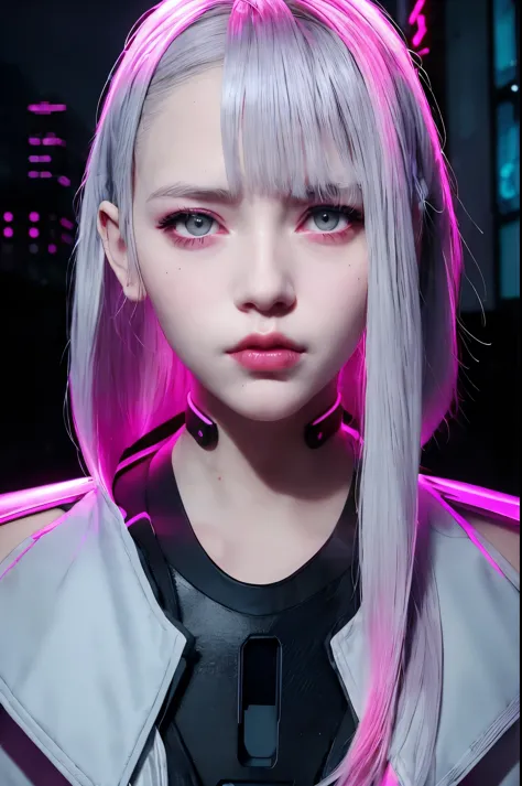 lucy \(cyberpunk\), 1girl,  hair scrunchie, hime cut, silver hair, colored tips, full moon, grey eyes, jacket, long sleeves, loo...