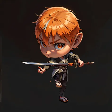 boys, full body, serious face, brown eyes, ((orange hair)), medium length hair, wearing black samurai kimono, black shoe, holdin...