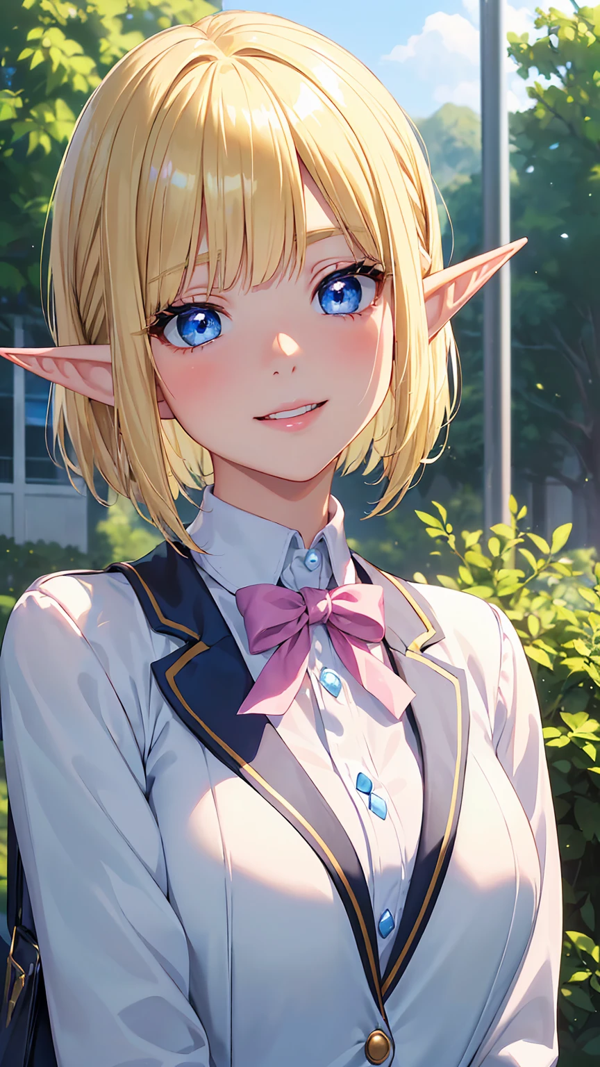 16k、masterpiece、High resolution、High resolution、((Mature Elf Woman))、((Shiny white skin))、((Beautiful blonde))、Bobcut、((Beautiful Blue Eyes))、((Long, narrow eyes))、((Pointy Ears))、Laughing with your mouth open、Pink Lip Gloss、blush、School blazer uniform、In front of the school gate、((Upper body close-up))