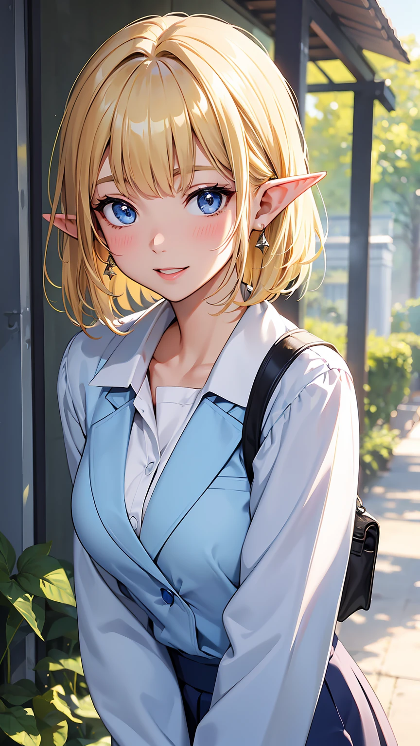 16k、masterpiece、High resolution、High resolution、((Mature Elf Woman))、((Shiny white skin))、((Beautiful blonde))、Bobcut、((Beautiful Blue Eyes))、((Long, narrow eyes))、((Pointy Ears))、Laughing with your mouth open、Pink Lip Gloss、blush、School blazer uniform、In front of the school gate、((Upper body close-up))