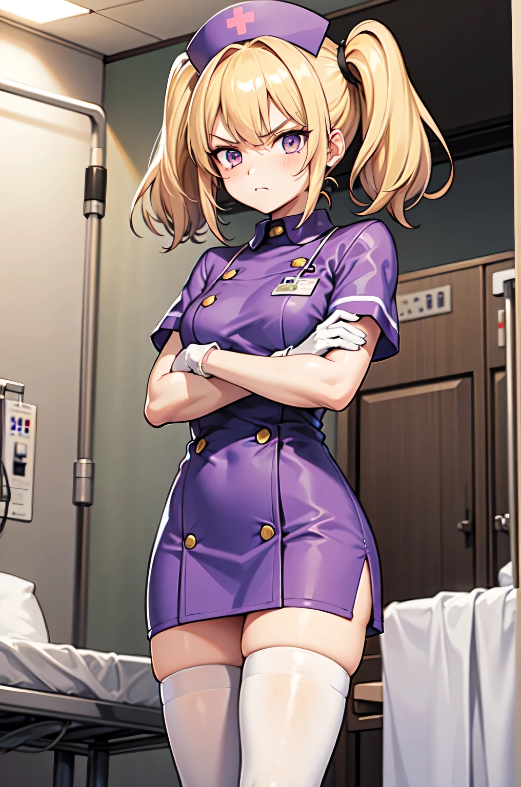 1girl, solo, nurse, nurse cap, white nurse uniform, ((white legwear, zettai ryouiki)), white gloves, twintails, yellow hair, purple eyes, angry, crossed arms, standing, ((hospital room)), sharp outline, short sleeves, best quality, masterpiece