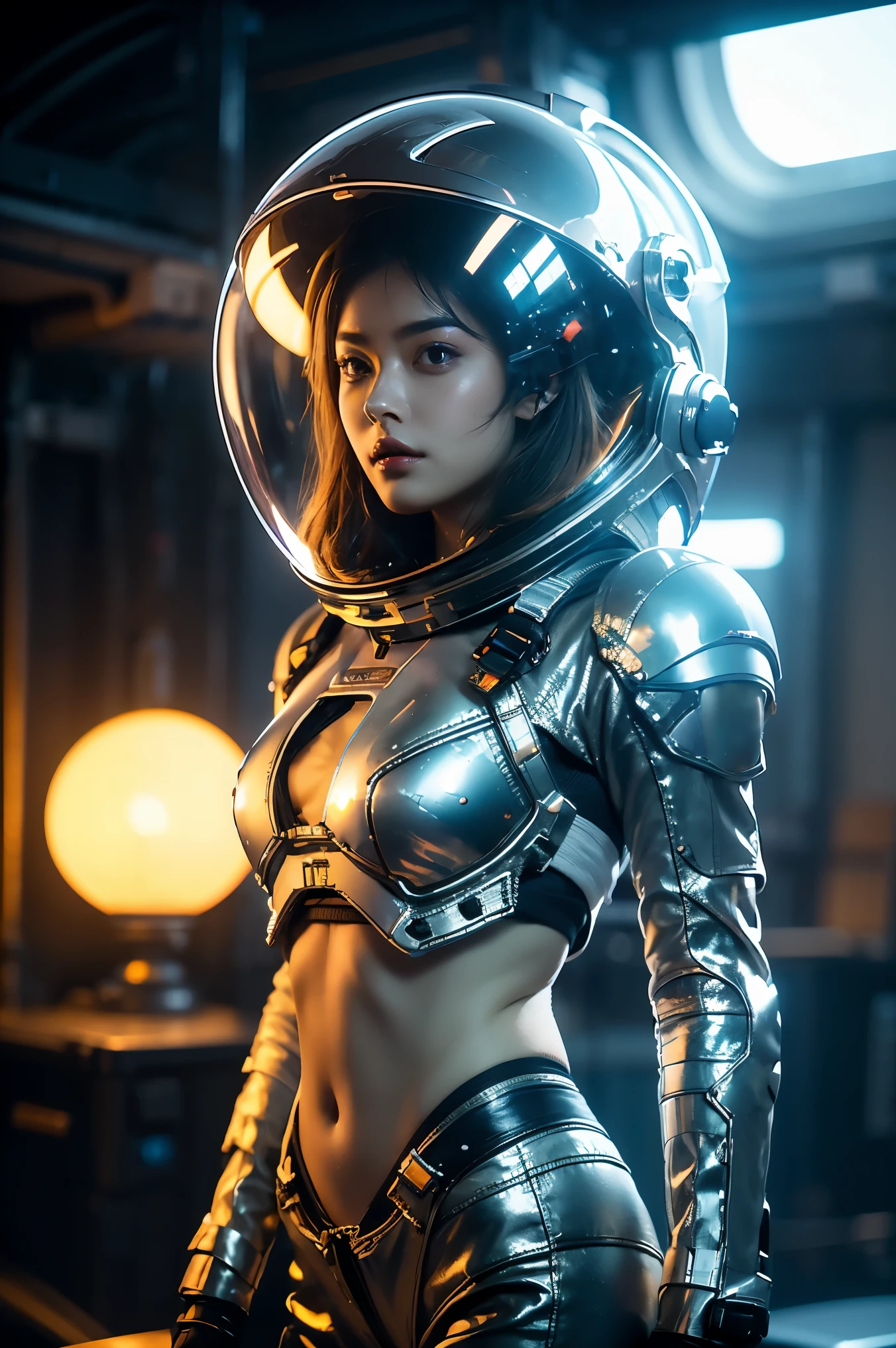 a girl in a skimpy spacesuit, fully exposed midriff, bare waist, in outer space, desolate alien planet, transparent helmet, extremely detailed helmet, portrait, cinematic lighting, dramatic colors, epic sci-fi, ultrarealistic, 8k, highly detailed, photorealistic, award-winning digital art, masterpiece, professional quality