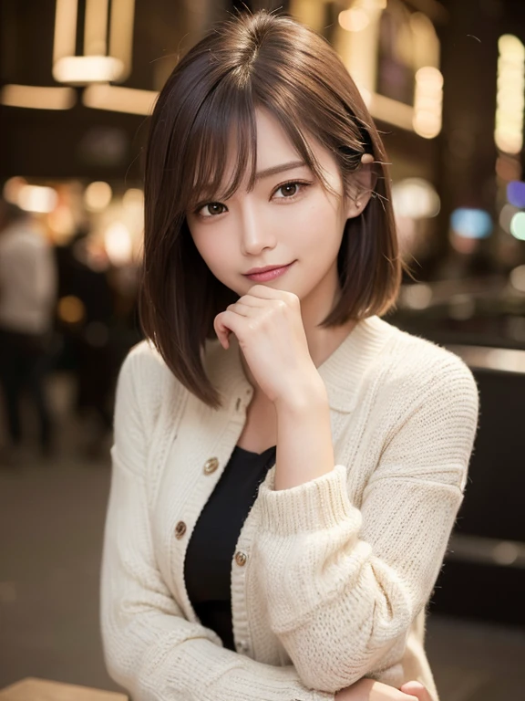 masterpiece, highest quality, High resolution,alone,Brown,artistic,Best lighting,Casual clothing,Flat Chest,Beautiful Face,expensive,smile,light makeup,Age 26,Calm woman,Detailed Hair,Laughing woman,Face Focus,short hair,Very white skin,Thin eyebrows,Woman wearing a jacket,outside,night,Background Bokashi,illumination