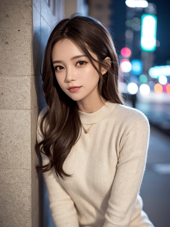 masterpiece, highest quality, High resolution,alone,Brown,artistic,Best lighting,Casual clothing,Flat Chest,Beautiful Face,expensive,smile,light makeup,Age 26,Calm woman,Detailed Hair,Laughing woman,Face Focus,Wavy Hair,Very white skin,Thin eyebrows,Woman wearing a jacket,outside,night,Background Bokashi,illumination,Leaning against the wall