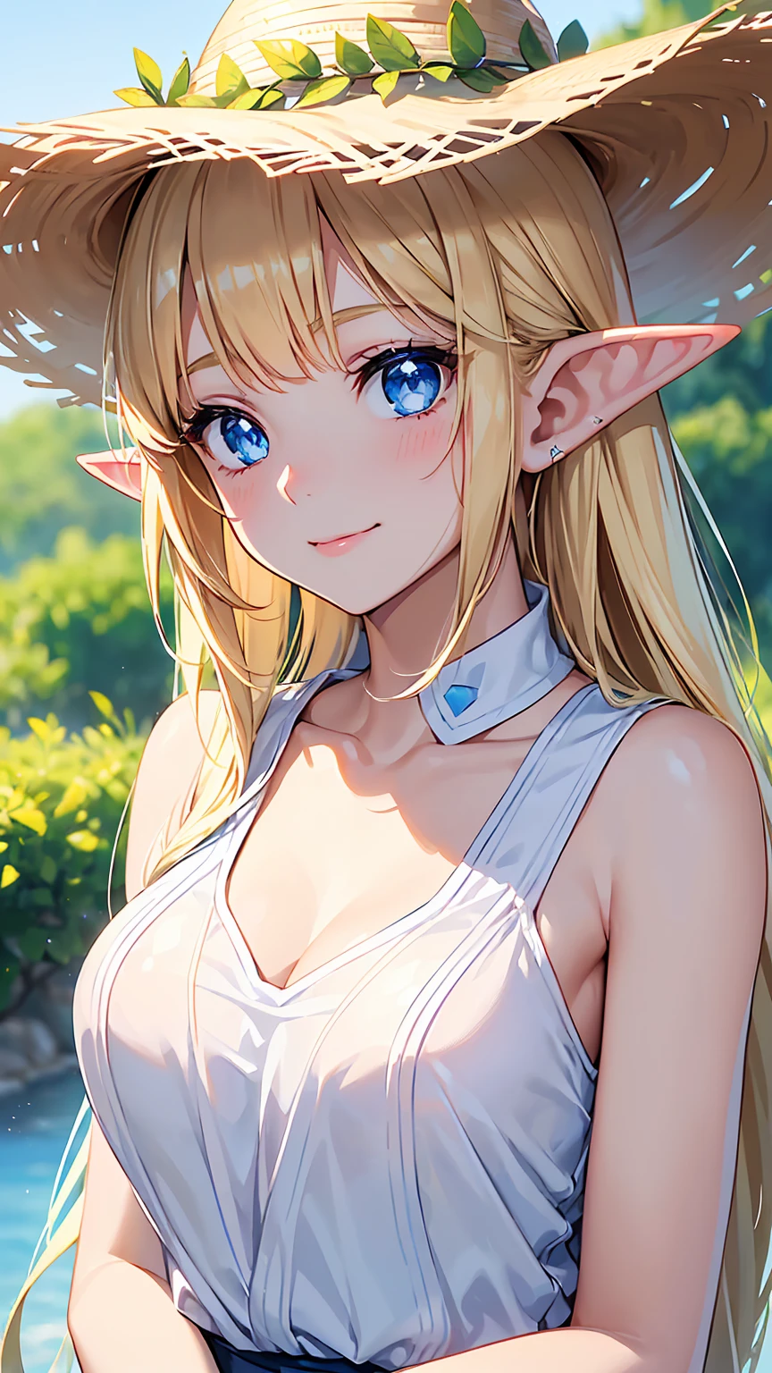 16k、masterpiece、High resolution、High resolution、((Young Elven Woman))、((Beautiful white skin))、((Beautiful blonde))、((Sparkling blue eyes))、((Pointy Ears))、Smiling Kindly、blush、Sleeveless white shirt、Wear a straw hat、Clear blue sky、look at me、((Upper body close-up))