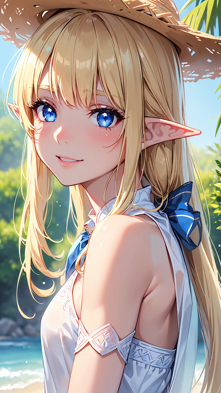 16k、masterpiece、High resolution、High resolution、((Young Elven Woman))、((Beautiful white skin))、((Beautiful blonde))、((Sparkling blue eyes))、((Pointy Ears))、Smiling Kindly、blush、Sleeveless white shirt、Wear a straw hat、Clear blue sky、look at me、((Upper body close-up))