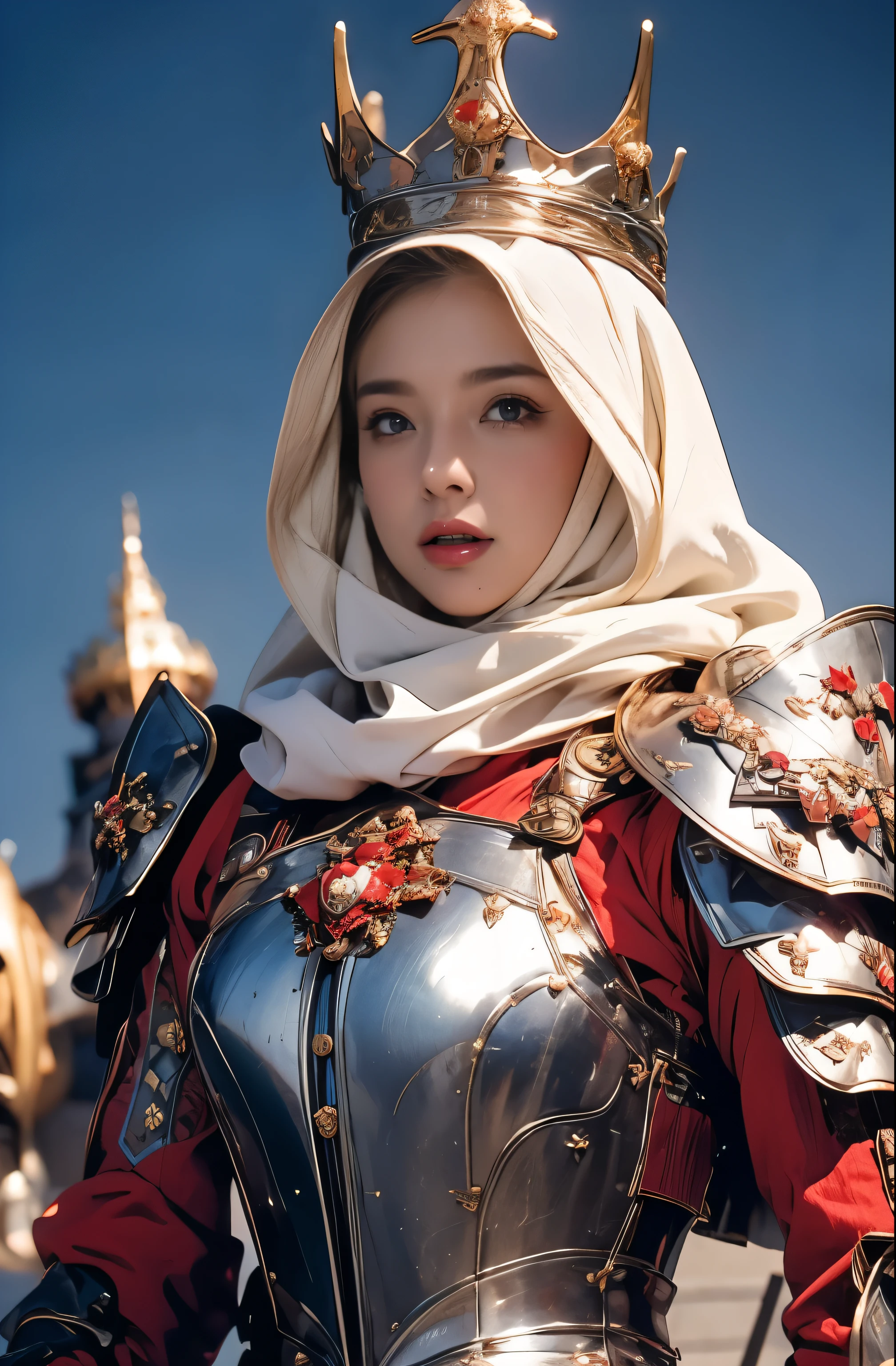 Elegant armor,princess, Full body, wearing a hijab , crown luxury , blue eye, blond hair, around 17 years old, (red silver hijab), tmasterpiece，Best quality at best，A high resolution，8K，((Portrait))，(upper body)，Original photo，real photograph，digital photography, elegant princess ，blue eye， super colossal brest, pointy colossal breast extravagant ornament，cparted lips，Keep your mouth shuegant and charming，((Blushing))，virgin content，Calm and handsome，luxury body armor ((red and silver armor)) , (Medieval fantasy armor, The Beautiful pointy breast, small waist, perfect colossal breast of princess body )oc render reflection texture, elegant style,   colossal breast , medieval castle background, slim body, very small waist, (luxury armor pattern) , super slim ,beautiful like angel 