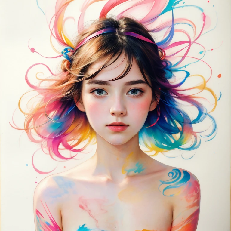 (8k, mejor calidad, Obra maestra:1.2),(mejor calidad:1.0), (resolución ultra alta:1.0), colores de lápiz, una mujer hermosa, hombro, cintas para el cabello, por agnes cecile, cuerpo completo portrait, diseño brillante extremadamente luminoso, colores pasteles, (tinta:1.3), luces de otoño, cuerpo completo