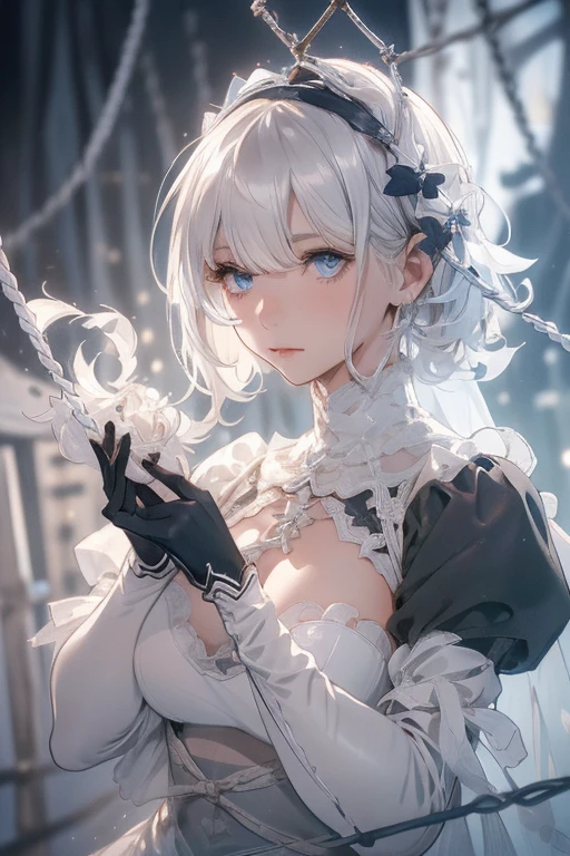 ((High quality)),masutepiece,(Detailed depiction of local details:1.2),1girl in,Blue eyes,Plump breasts,Enchanted Valley,Closed mouth,Eyelashes,Portrait,Solo,White hair,black theme,Short hair,Silver hair,Yorha No. 2 Type B,(((The whole body is tied very tightly with a rough rope.)))