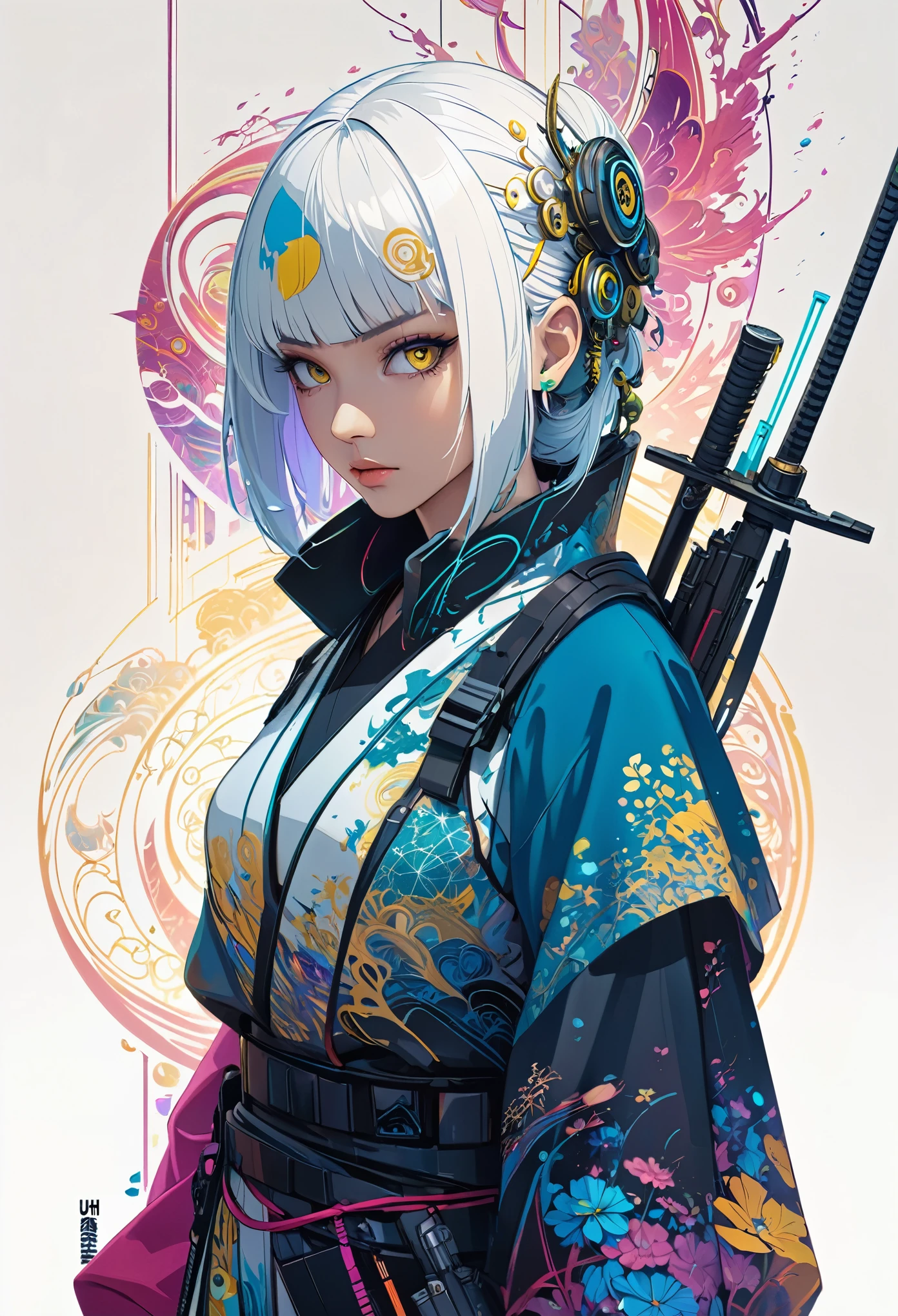 Fraktale Geometrie、Fraktale Kunst、Kimono,hält eine Waffe in der Hand、weiblich、Gelb、Weiß、Spiele,Weniger Exposition、Detailliertes Gesicht、beste Qualität、ganzer Körper　Rüstung,cyberpunk　Samurai、Anime-Kunst-Hintergrundbild 4k, 、Anime-Kunst-Hintergrundbild 4k, Anime-Kunst-Hintergründe 8K, Anime-Stil 4K, Detaillierte digitale Kunst in 4K, hochdetaillierte digitale Kunst in 4K,Weiß　Hintergrund、 Erstaunliche Kunstwerke in 8K, schöne Kunst, UHD 4K, Digital Cyberpunk Anime Art, Farbfeldmalerei, Art Nouveau、 Cartoon Lebhaft、modern art