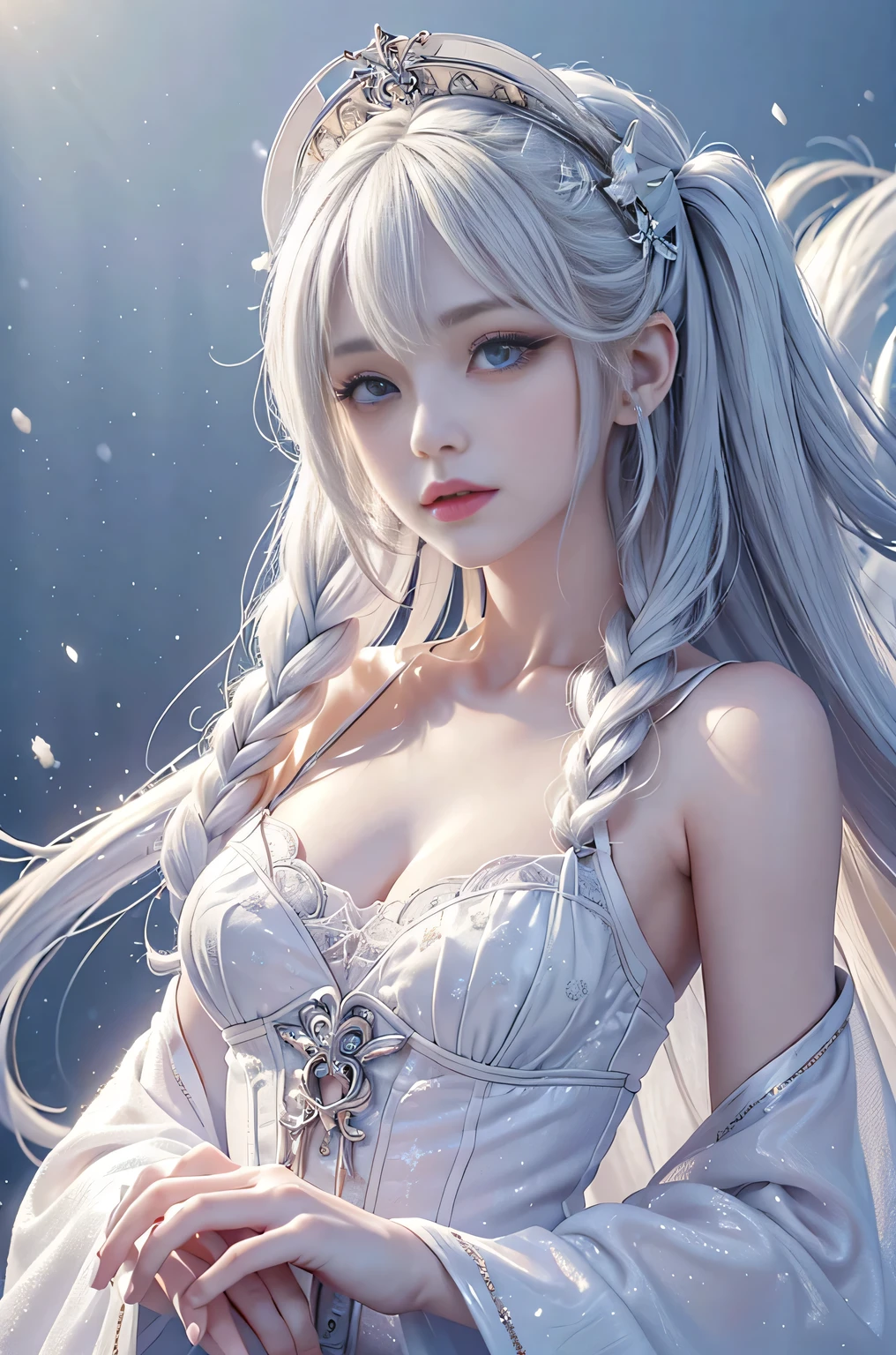 ((masterpiece:1.5,highest quality,Highly detailed images,Beautiful images、Realistic、Photorealistic、2.5D))(1girl, solo)(cute girl, medium breasts, white hair, aqua eyes、Beautiful big eyes、Sharp jaw、Small Nose、Narrow waist、Thin legs、Ideal body type、The collarbone is beautiful)(lolita fashion、Cape、Heavy coat、Snow Field)(Beautiful, shining hair, floating hair)(heavy snow、dead tree)
