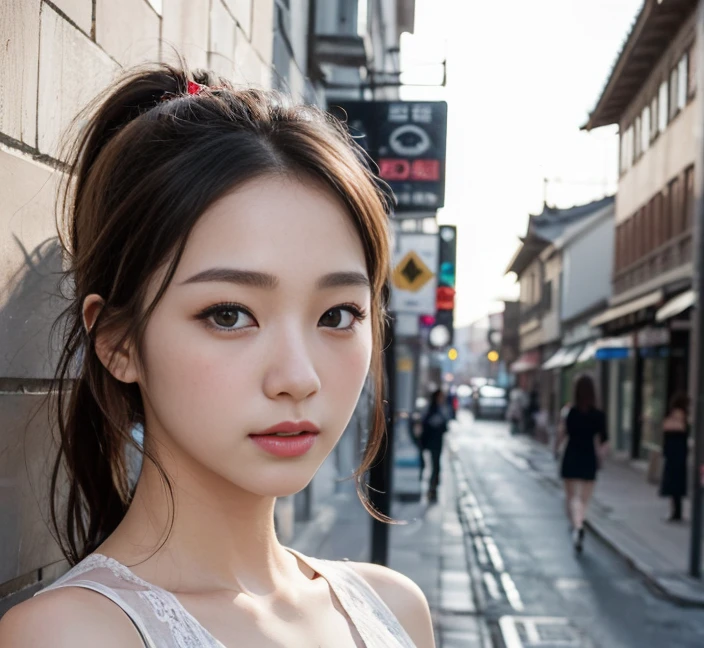 (8k、 highest quality、 masterpiece、 Realistic、 Very detailed:1.3)、(Photorealistic:1.2)、((Beautiful Korean Women))、One Woman、Medium Hair、ponytail、Bronze Hair、Black eyes are small、Street Snap、18-year-old、cute、cute顔、Fashion Model、