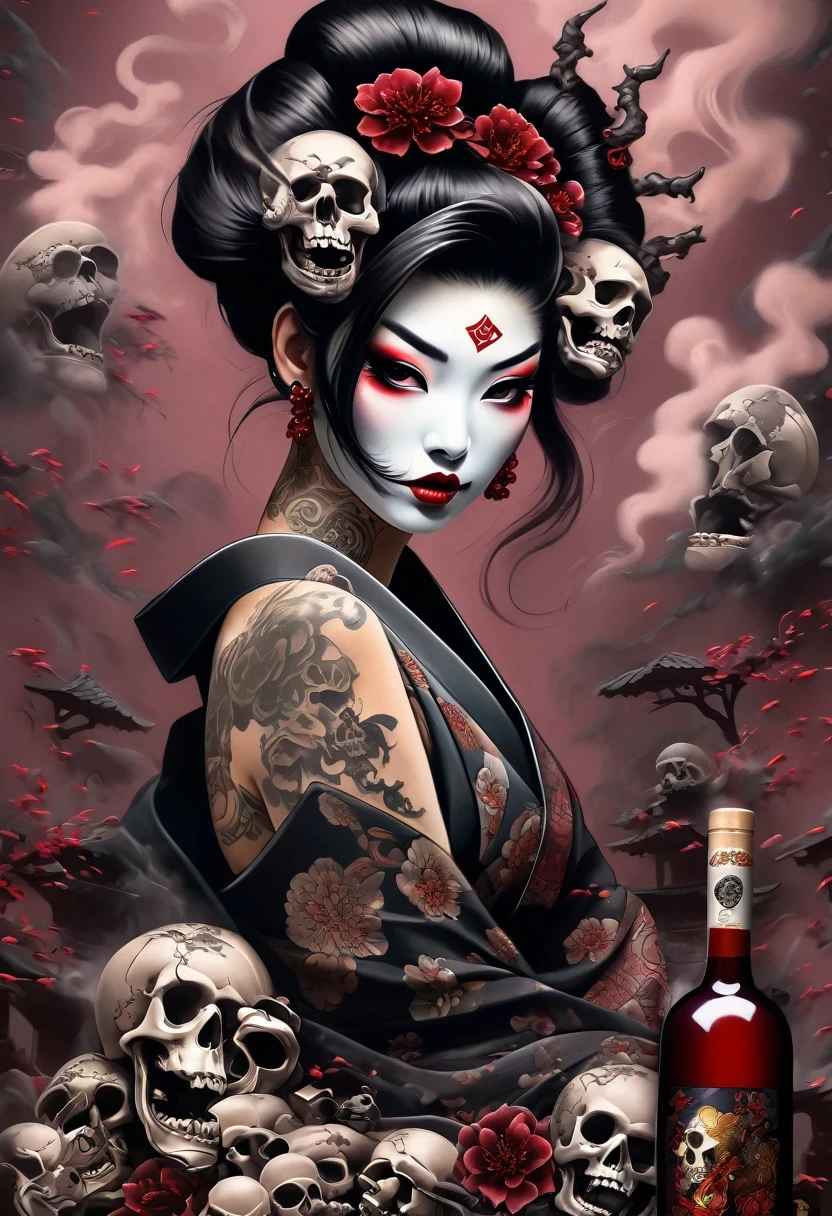 《Avareza》，Bad Geisha Girl and Lots of Skulls。Black smoke，diamond，Avareza，Tattoo，Wine Bottle，chaos，Life is varied，The devil&#39;s eyes are deep and burning with fire，The body is shrouded in a dark atmosphere。Their faces may be smiling，Maybe there is a deep sadness hidden。Symbol of the devil，They tempt people to explore the edge of darkness