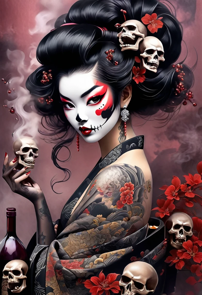 《Avareza》，Bad Geisha Girl and Lots of Skulls。Black smoke，diamond，Avareza，Tattoo，Wine Bottle，chaos，Life is varied，The devil&#39;s eyes are deep and burning with fire，The body is shrouded in a dark atmosphere。Their faces may be smiling，Maybe there is a deep sadness hidden。Symbol of the devil，They tempt people to explore the edge of darkness