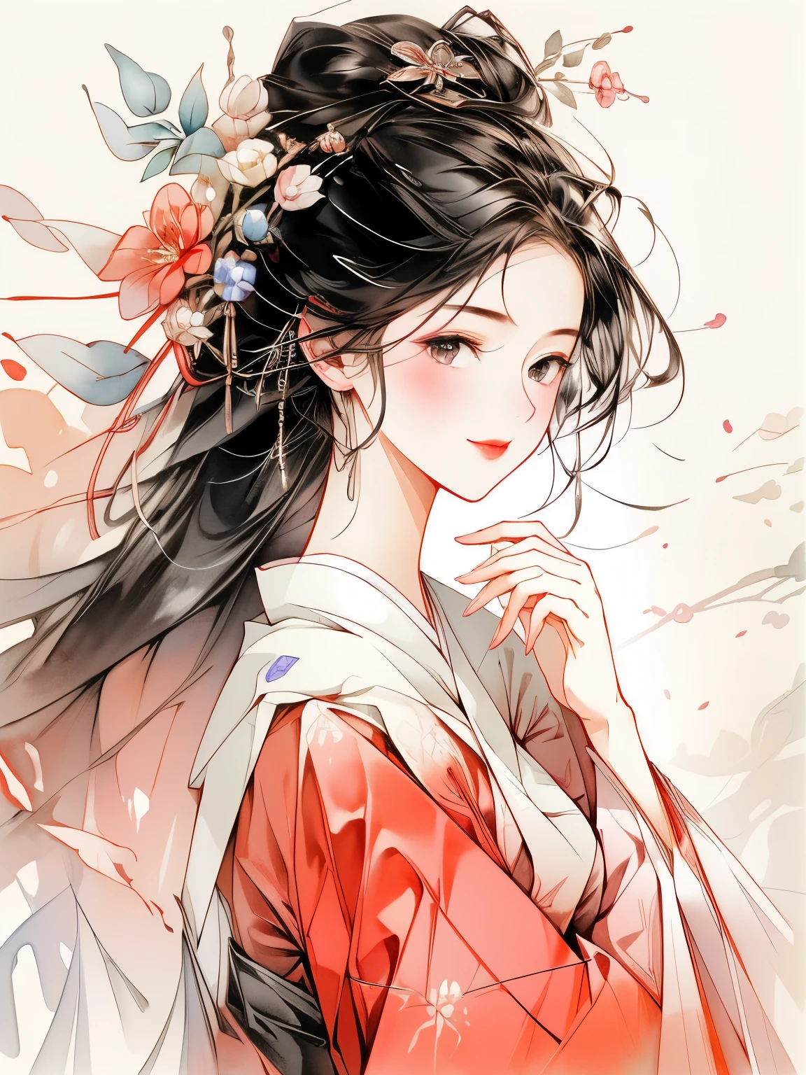 watercolor:1.5, Masterpiece, Committed to ultra-high definition and vivid colors, Super detailed, Attention to detail, highest quality,, Beautiful watercolor painting, 18-year-old, woman, Dressed in a twelve-layered kimono, Her hair is held in place by a red hair clip, Black Hair, She is smiling with a very beautiful expression, The background is filled with colorful flowers, which fill the entire screen.