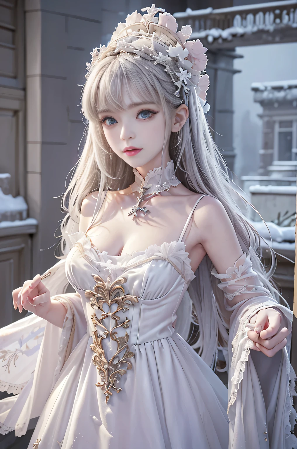 ((masterpiece:1.5,highest quality,Highly detailed images,Beautiful images、Realistic、Photorealistic、2.5D))(1girl, solo)(cute girl, medium breasts, white hair, aqua eyes、Beautiful big eyes、Sharp jaw、Small Nose、Narrow waist、Thin legs、Ideal body type、The collarbone is beautiful)(lolita fashion、Cape、Heavy coat、Snow Field、Gothic Style)(Beautiful, shining hair, floating hair)(heavy snow、dead tree)
